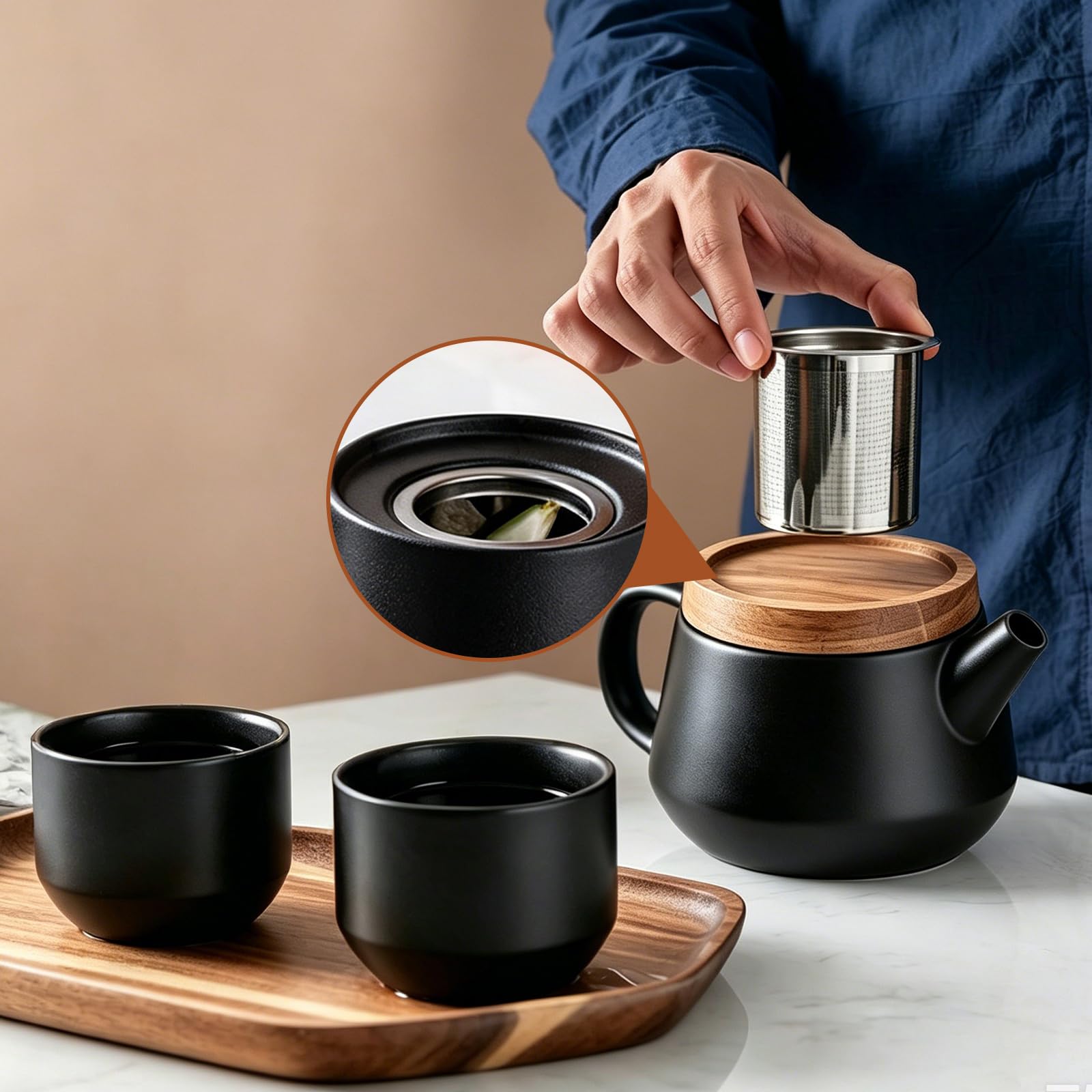 3-częściowy japoński serwis do herbaty, 0,6 l, ceramiczny czarny z drewnianą tacą, 2 filiżanki i sitko ze stali nierdzewnej, porcelanowy serwis do herbaty, ceramiczny serwis do herbaty z tacą