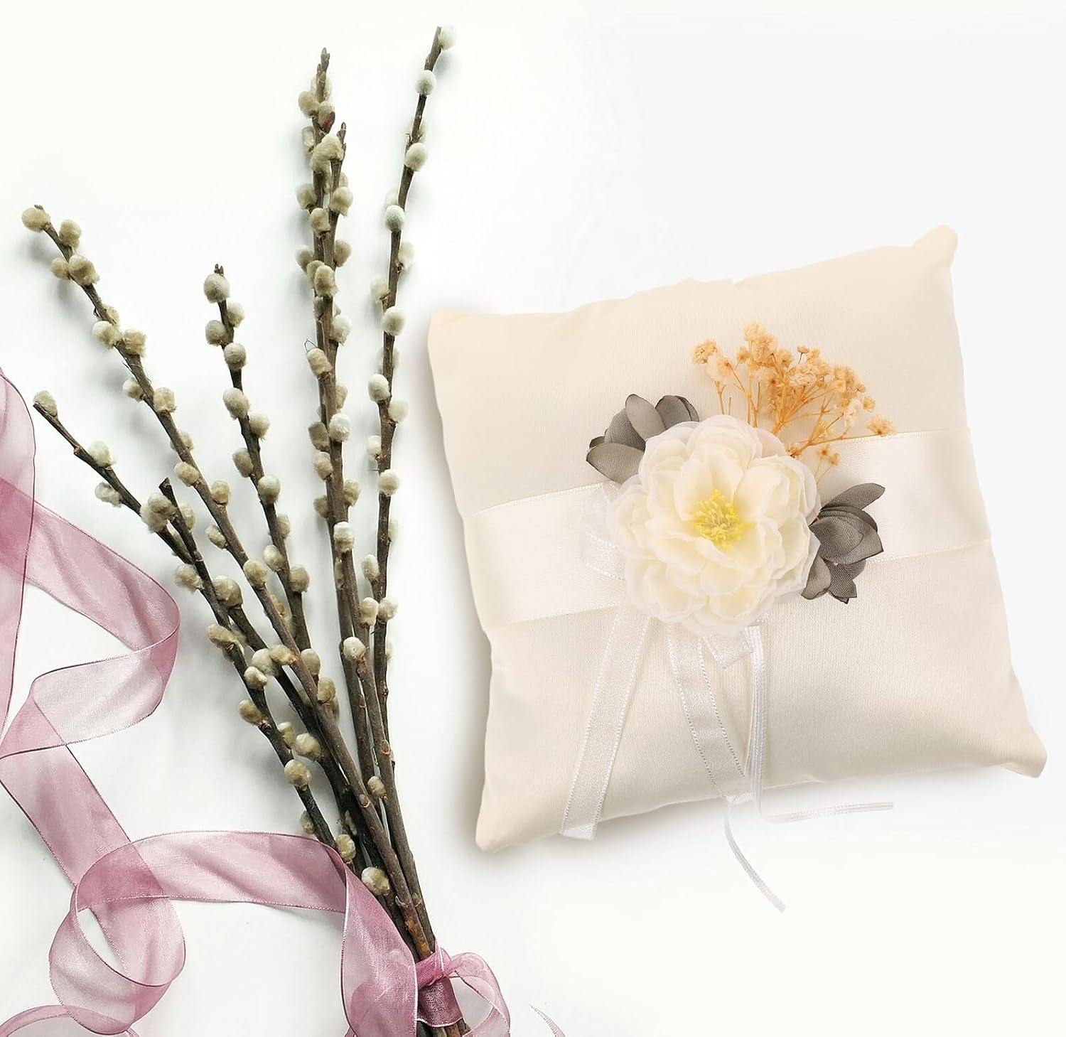 FRCOLOR Wedding Ring Pillow for Ceremony White Lace Ring Bearer Cushion with Bowknot Decoration Soft Pillow for Wedding Party and Proposal