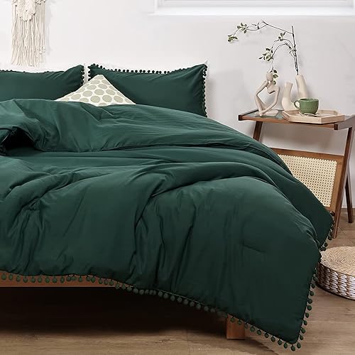 Smoofy Juego de edredón con flecos, tamaño matrimonial, color verde esmeralda, bohemio, elegante, bonito juego de ropa de cama con pompones, suave,