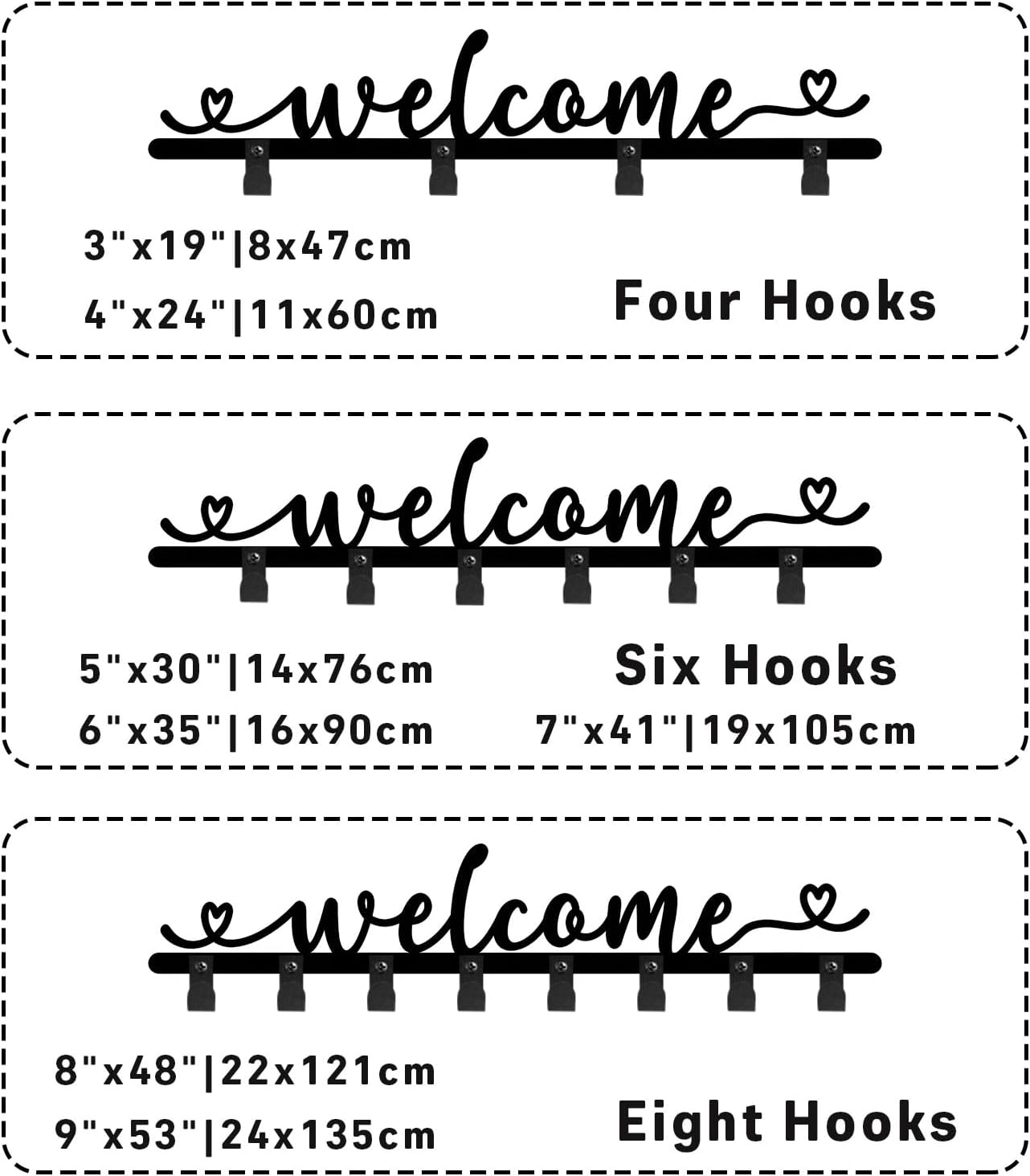 Metal Welcome Coat Rack, Welcome Wall Mount, Welcome Sign Wall Hanger, Keys Holder, Clothes Hook, Entryway Living Room Decor (Black, 6"x35"|16x90cm)