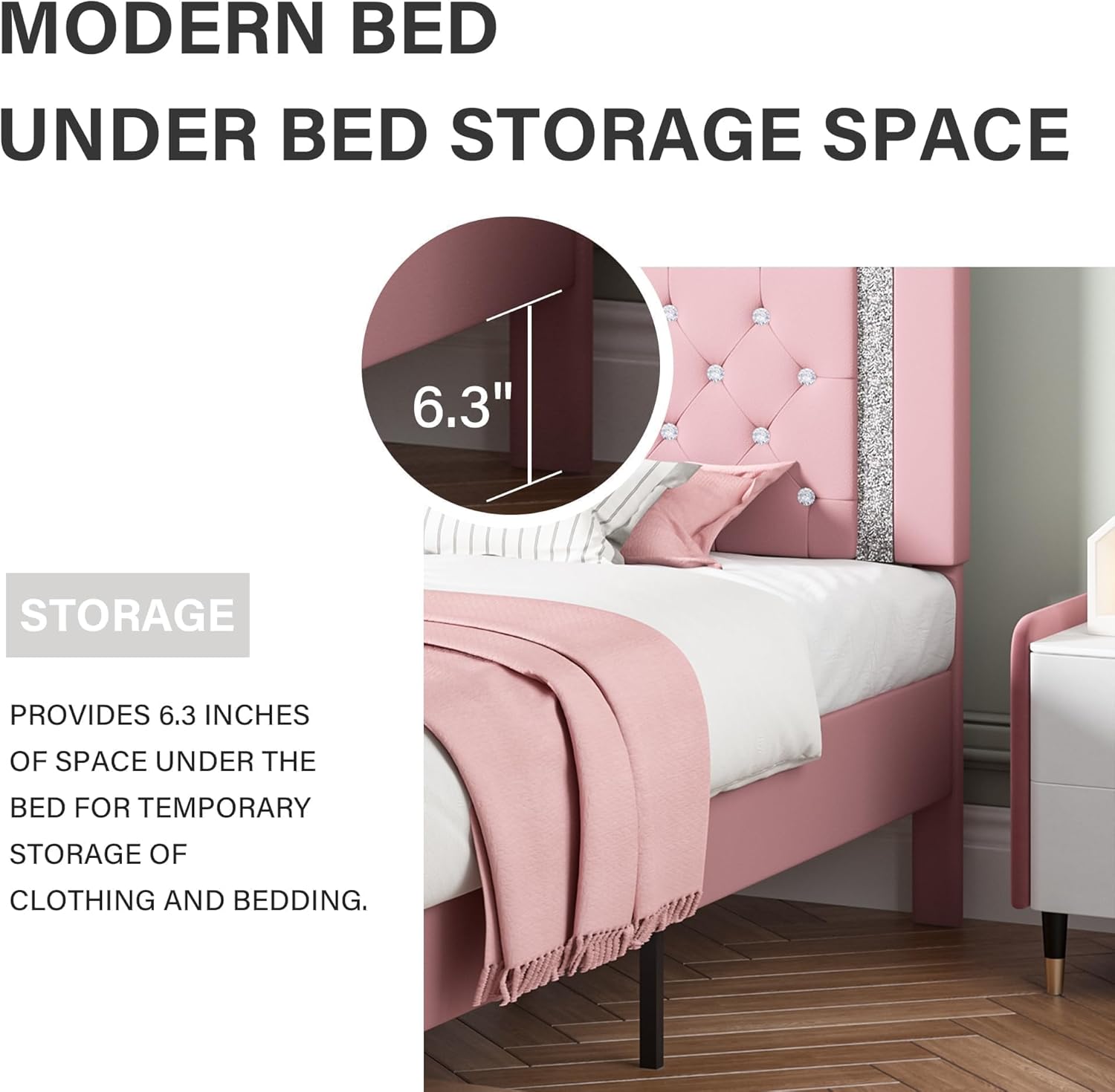 BarnFurin Queen Bed Frame with Headboard, Faux Leather Upholstered Bed with Diamond Tufted Design, Modern Platform Bed Frame, No Box Spring Required, Easy Assembly, Pink