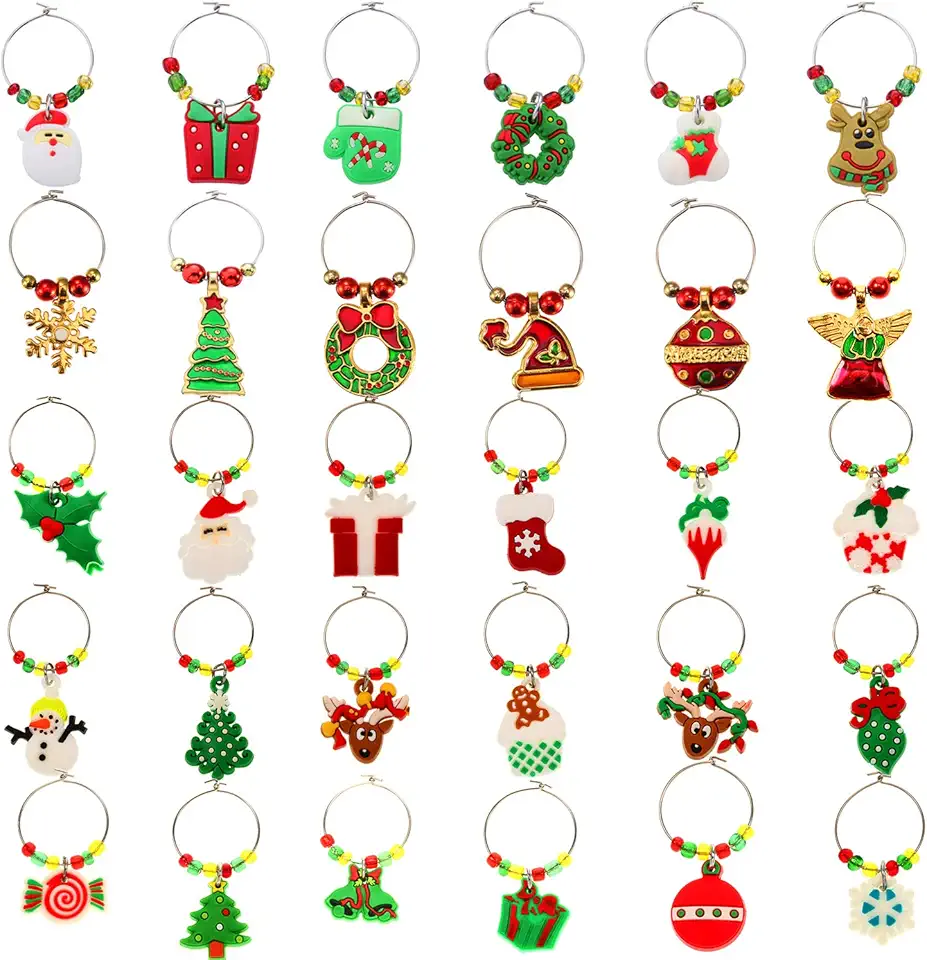 Boao 30 peças de pingentes para copos de vinho temáticos de Natal, marcas de taça de vinho, etiquetas de bebidas para artigos de festa de Natal