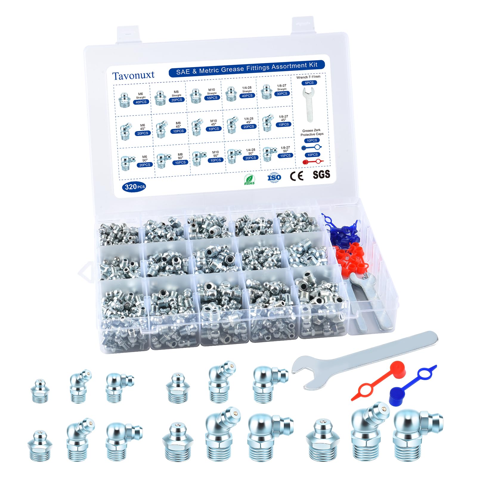 320 PCS SAE &amp; Metric Grease Fittings Kit - Hydraulic Zerk Assortment 1/4" 1/8" M6 M8 M10 with Straight, 45°, and 90° Degree Heads for Automotive and Industrial Use, Galvanized Steel Set