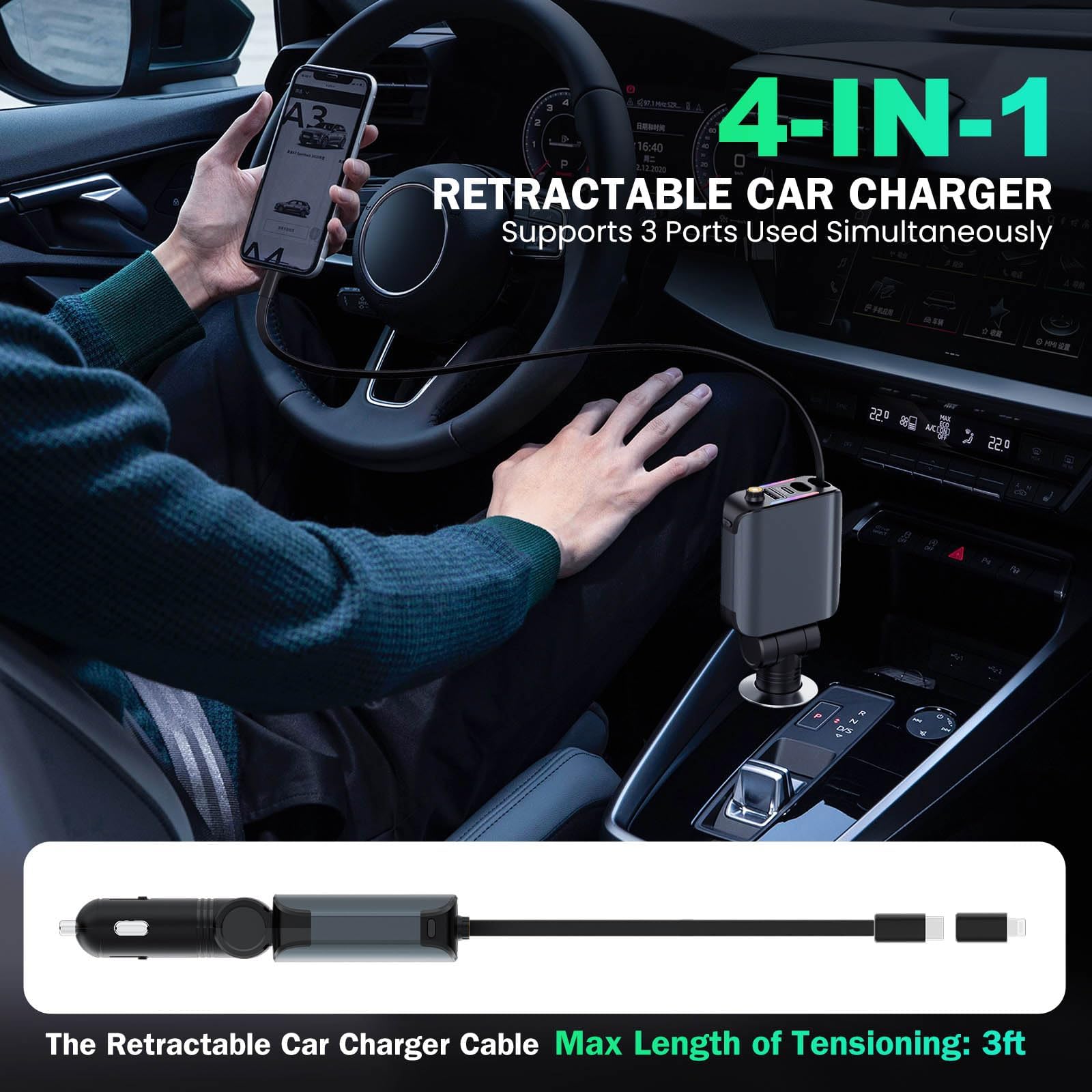 Cargador retráctil de coche con luz de estrellas, 4 en 1 [120 W] USB C para iPhone y Android, cargador de coche de carga rápida, compatible con iPhone 16/15/14/13/12/11, regalos de San Valentín para