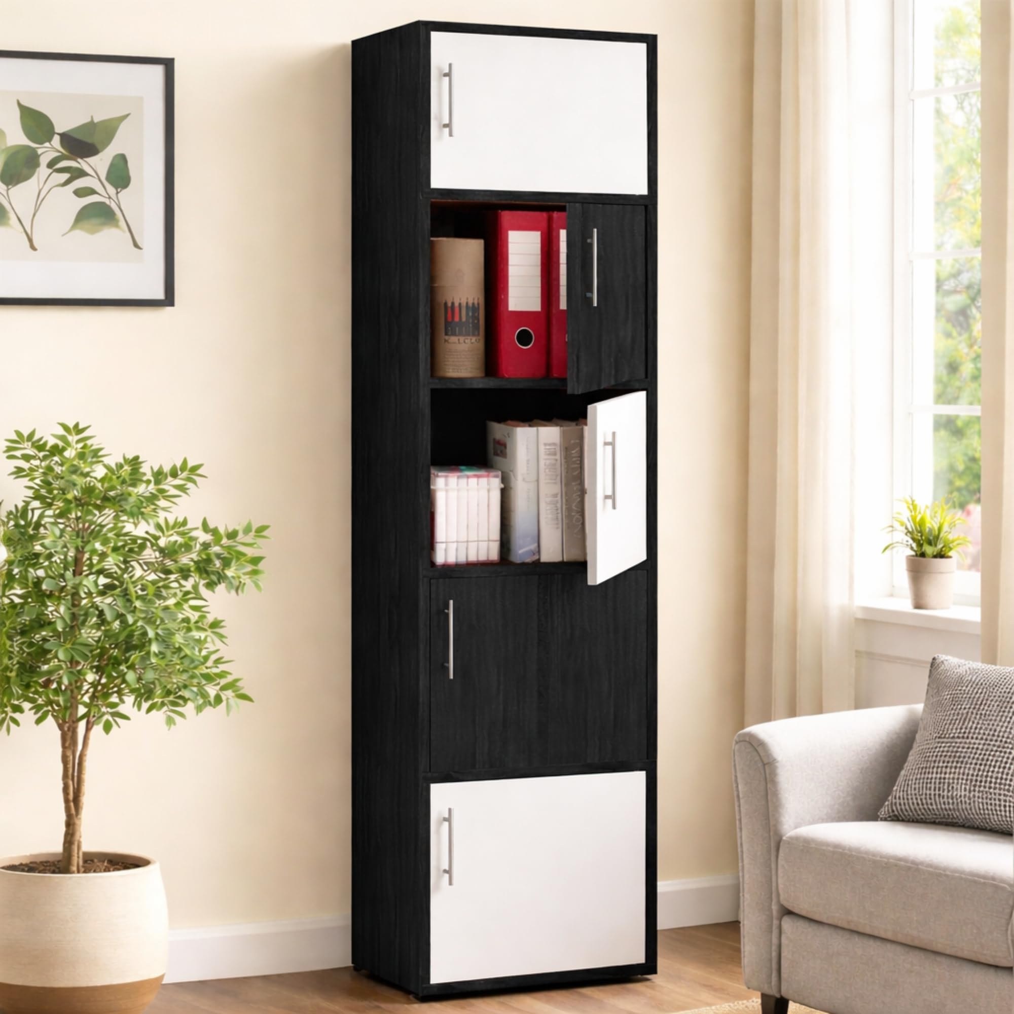 Callas Wooden Book Rack | Multi-Compartment Storage Cabinet | Space-Saving Vertical Bookshelf with Doors | Durable & Sturdy Organizer for Home & Office (Black, 5 Tier)