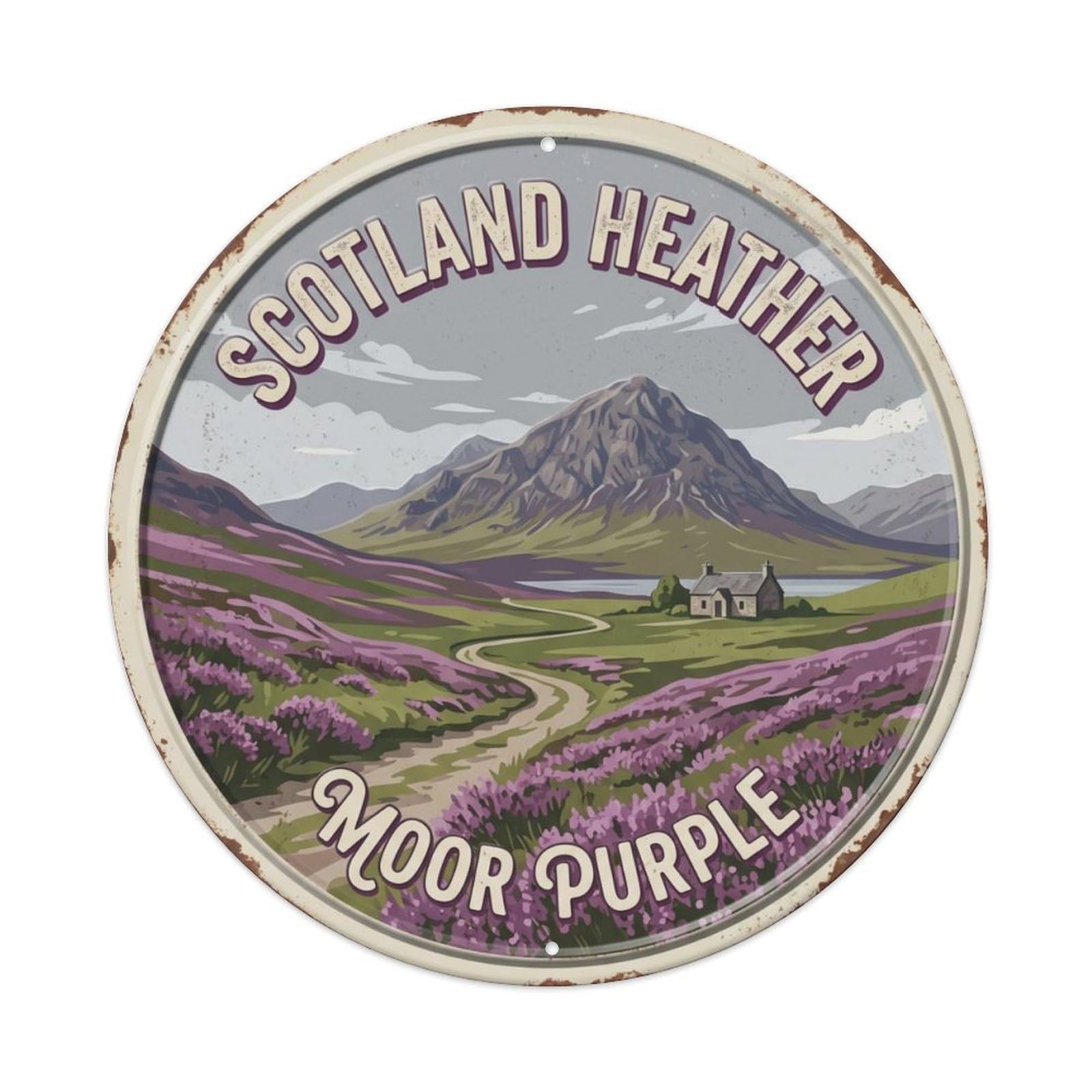 Heather Moor Purple Scotland Landscape Metal Tin Sign Plaque Wall Decor for Cafe, Club Bar, Office, Home Garden Round Metal Poster 8x8Inch