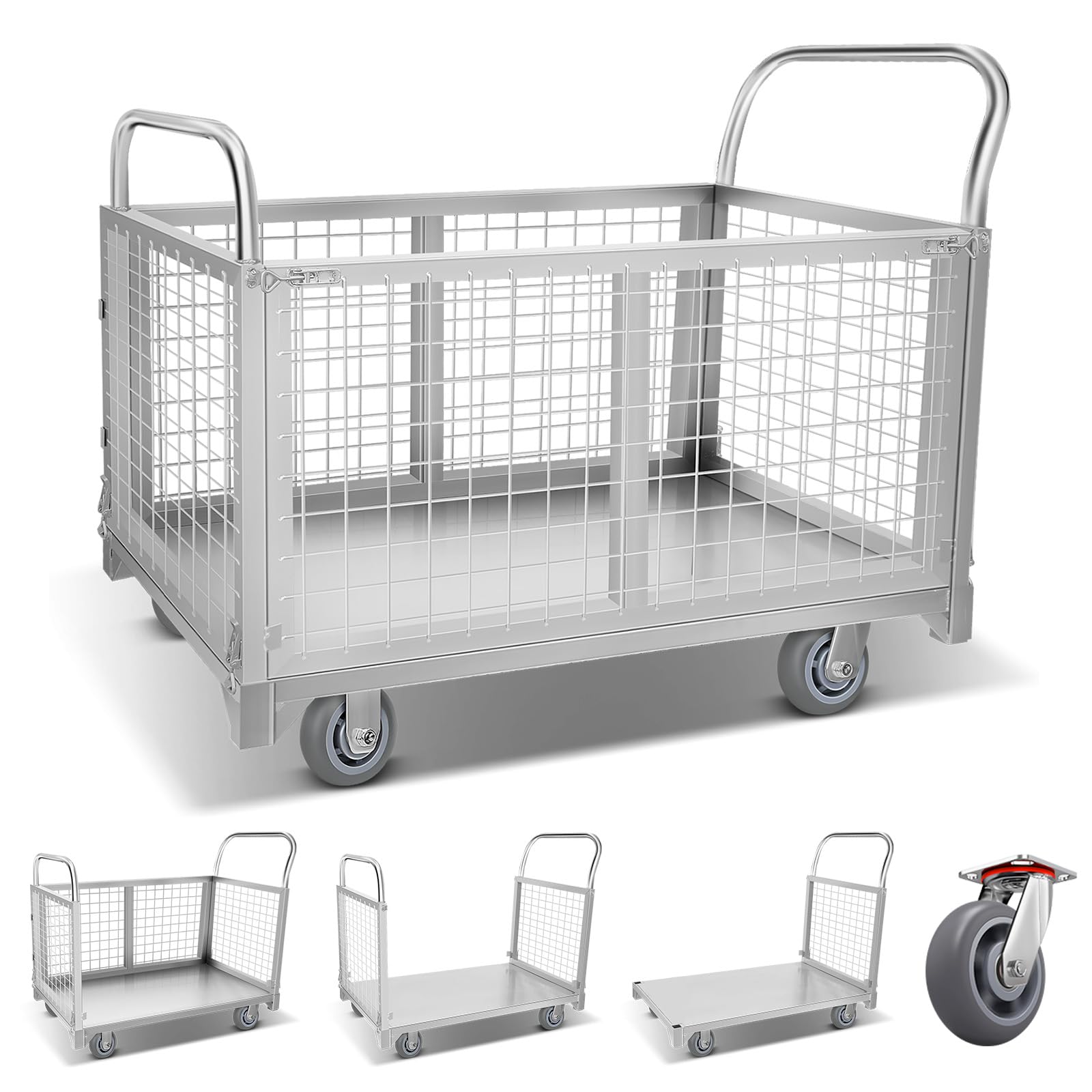1800LBS Platform Truck Cart with Cage,Heavy Duty Folding Push Cart Dolly with Swivel Casters