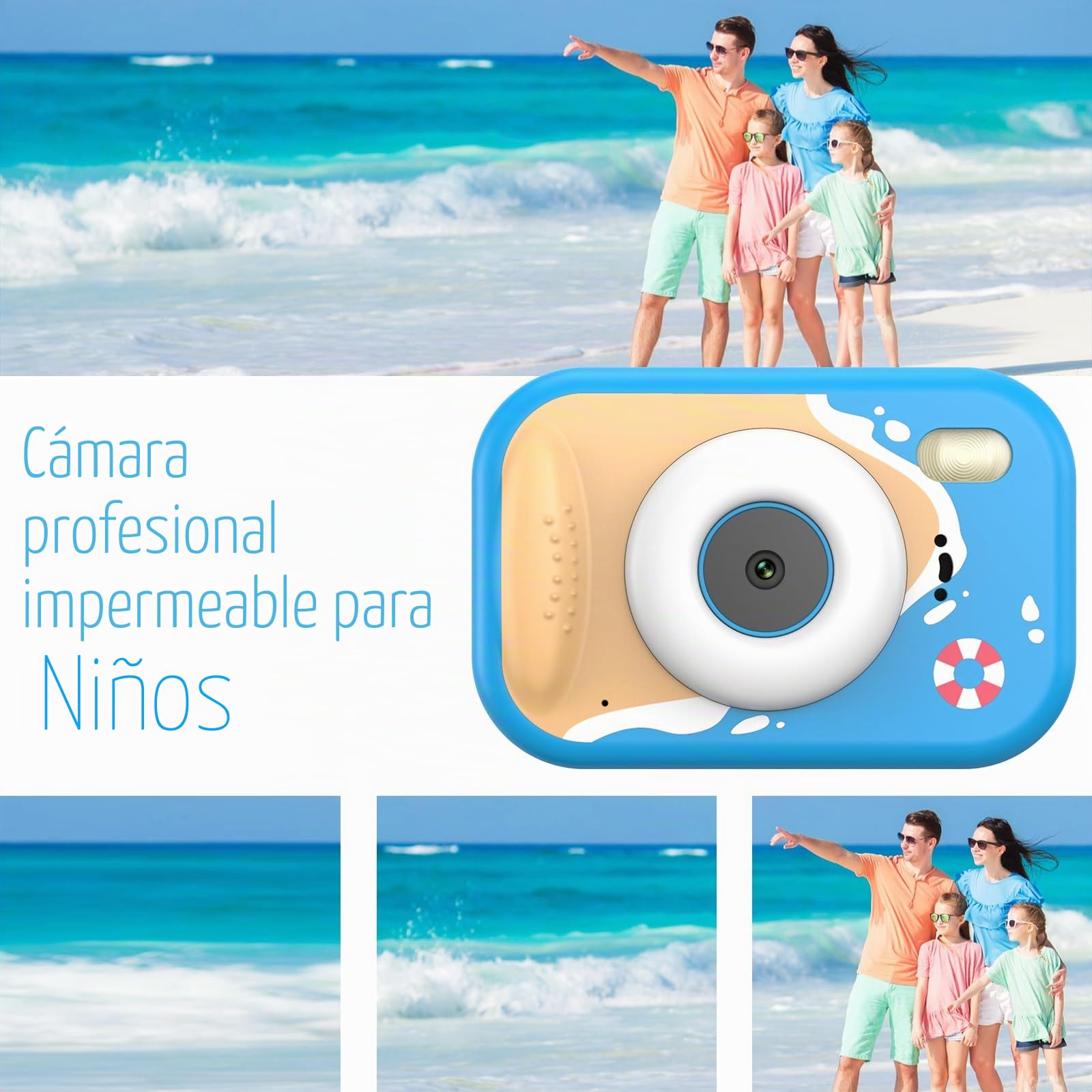 Cámara Fotos Infantil, 48MP HD 1080P Cámara Acuática para Niños con Pantalla de 2,4 Pulgadas + SD 32GB Ideal para Deportes Acuáticos, Natación y Playas (Azul)