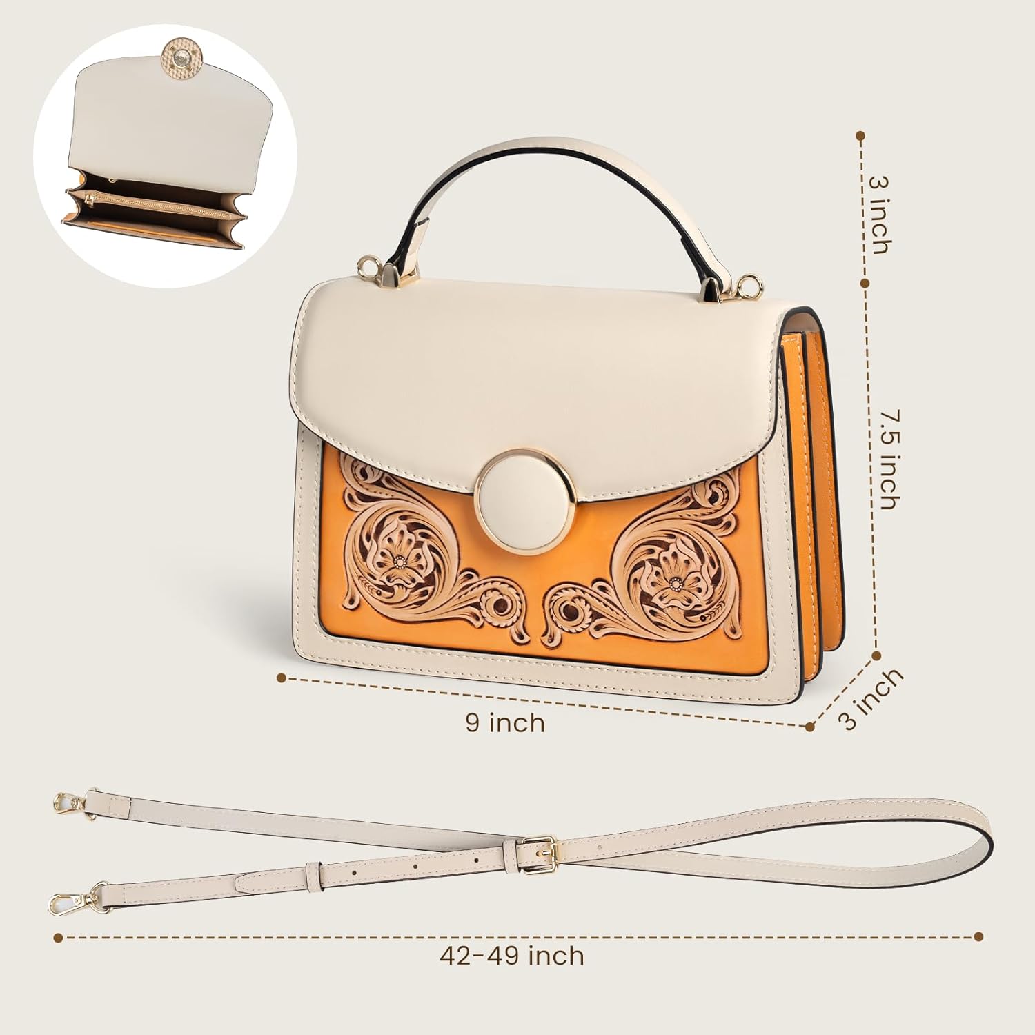 Accordion-Style Tote Bag for Women with Snap Closure, Structured Handbag & Shoulder Bag, Spacious for Daily, Work, and Travel, White with Gold Oriental Floral Pattern - Image 4