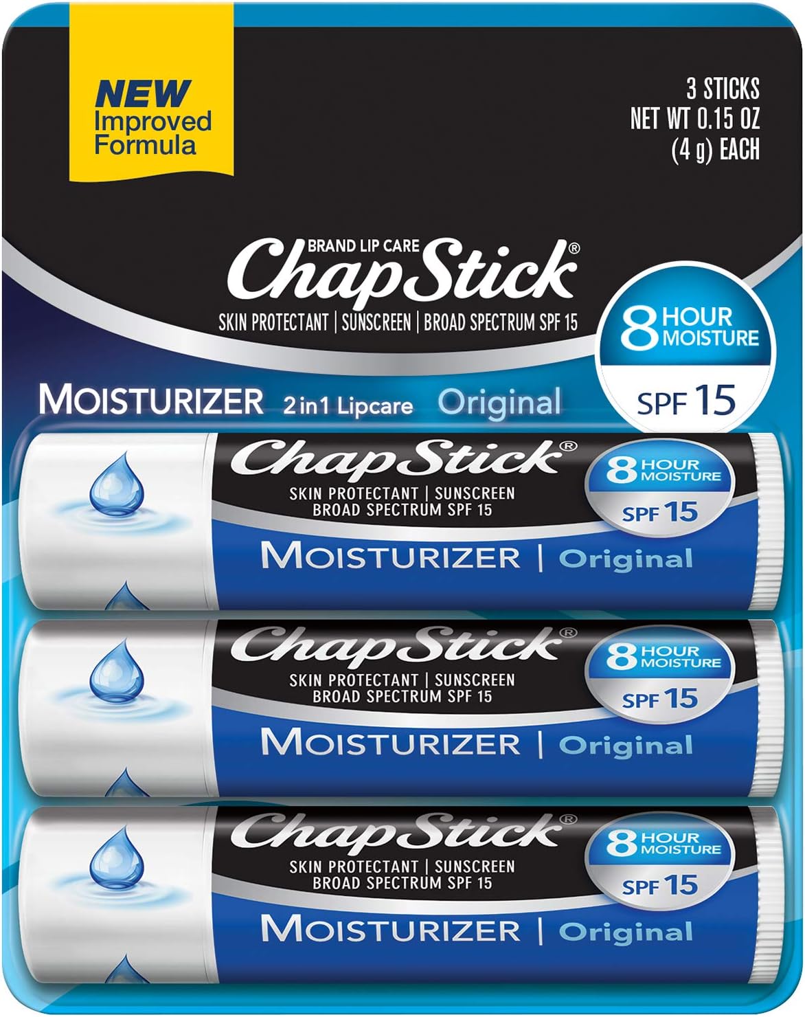 ChapStick Moisturizer (Original Flavor, 0.15 Ounce, 3 Sticks) Lip Balm Tube, Skin Protectant, Lip Care, SPF 15, Pack of 12 (36 count) : Beauty & Personal Care