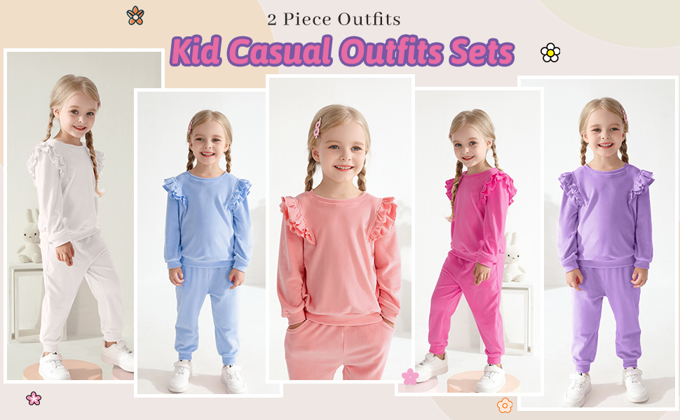 ESHOO Girls Fall Outfits 2 Piece Kids Velour Tracksuit Ruffle Long Sleeve Sweatshirt Sweatpants Cute Clothing Sets 2-10Y