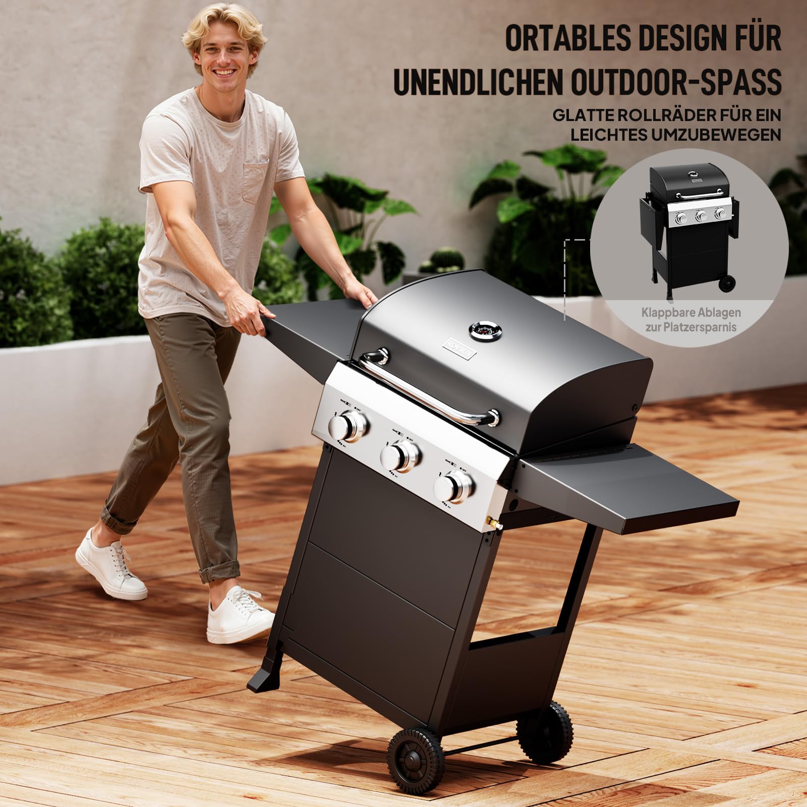 ROVSUN Gasgrill Camping mit 3 Brennern, Camping Gasgrill 10,5 kW, Grillwagen mit Deckel & 2 Seitenablagen, Gas Grill (3 Brennner, 117x40x140 cm)