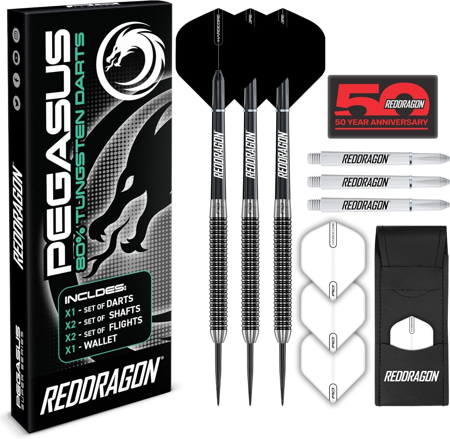 RED DRAGON Flechette Pointe Acier Pegasus | Flechettes Steeltip 90% Tungstene | Choix de Gramme 21g, 23g, 24g, 25g, 26g, 28g, 30g | Hardcore Ailettes, Nylon Tiges Moyen, et Portefeuille Fléchettes