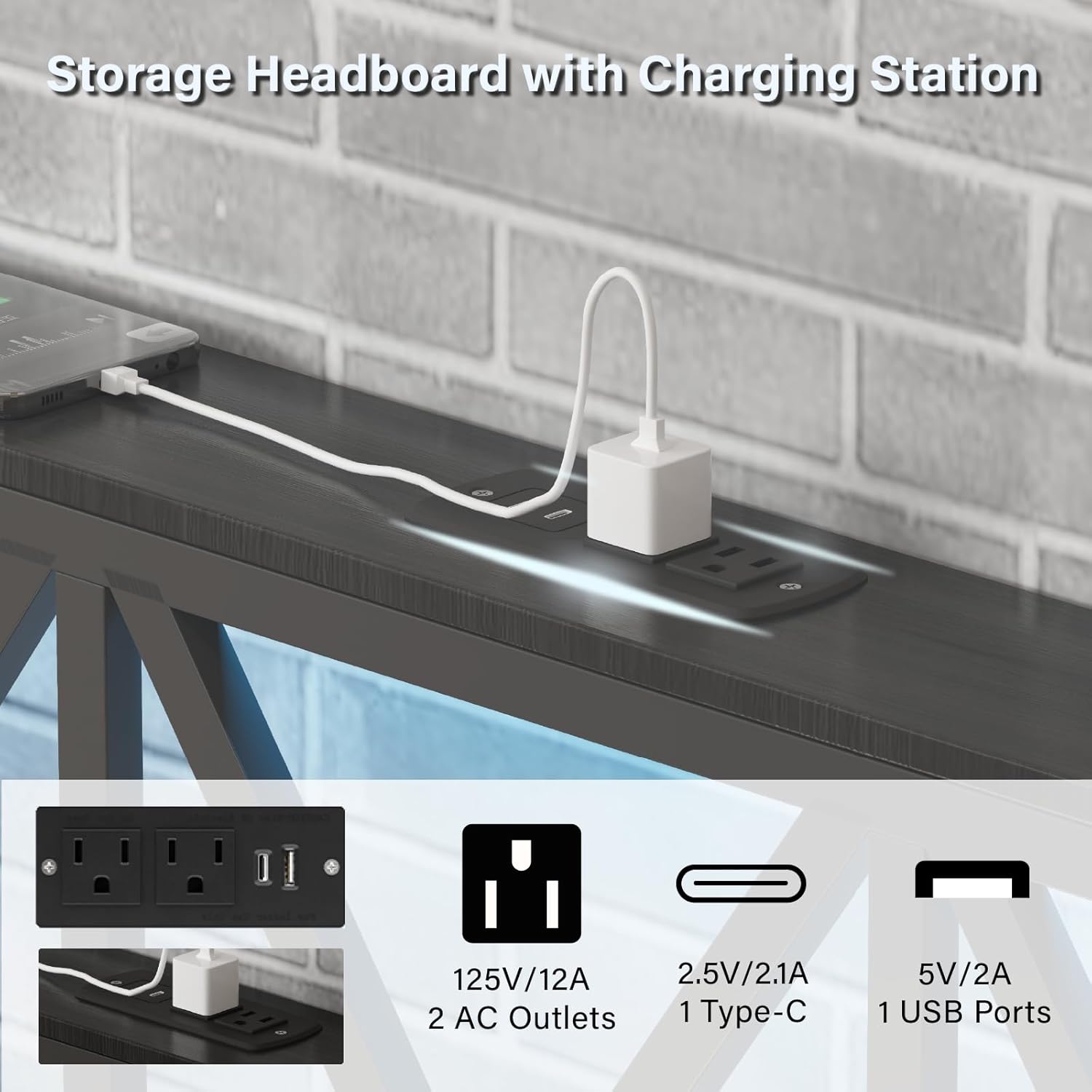 Twin Size Bed Frame with LED Light and Charging Station, Black Upholstered Headboard with Shelf, Under Bed Storage, No Box Spring Needed, Noise Free, Easy Assembly, Black