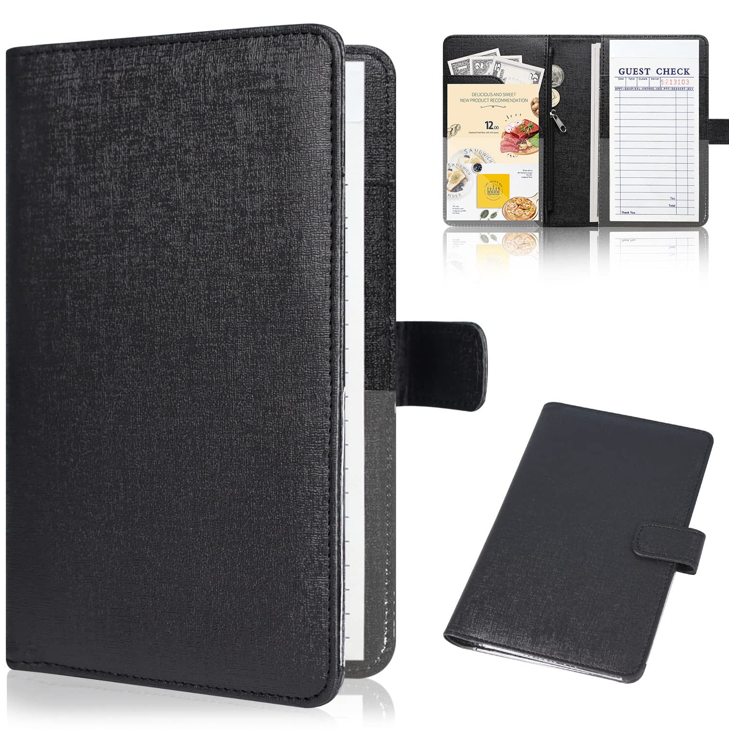 Server Book for Waitress-Leather Waitress Book Organizer with Zipper Pocket Cute Waiter Book Server Wallet with Magnetic Closure, Black
