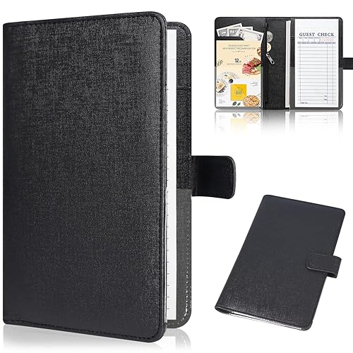 Libreta para camarera de cuero para camarera, organizador de libro con bolsillo con cremallera, lindo libro de camarero con cierre magnético, negro