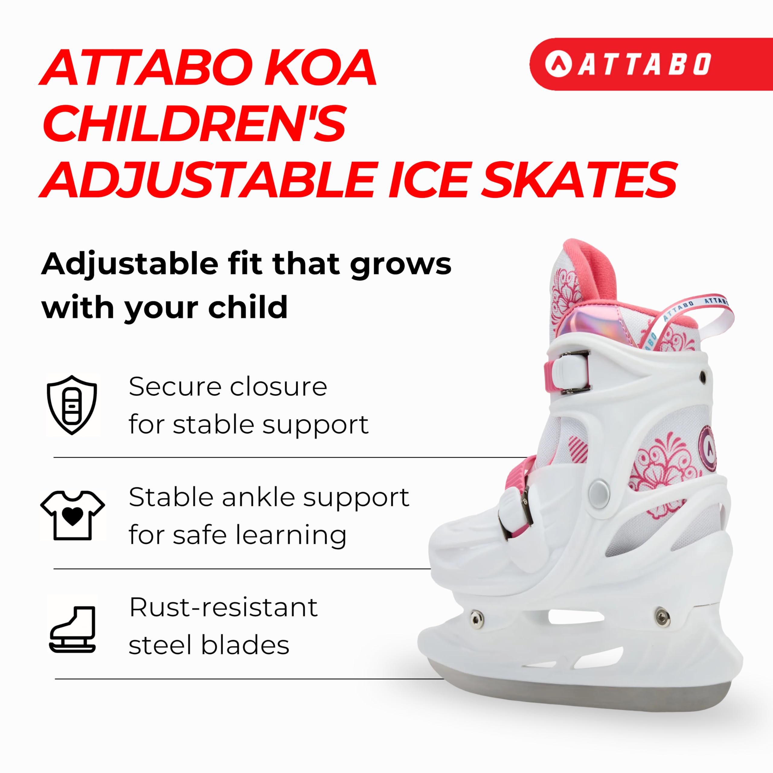 ATTABO KOA Kinder verstellbare Schlittschuhe | Freizeit Eislaufschuhe | PVC & PP Hartschale | Edelstahlkufen | Verstellbare Größe | Atmungsaktiv & sicher | Für Mädchen & Jungen