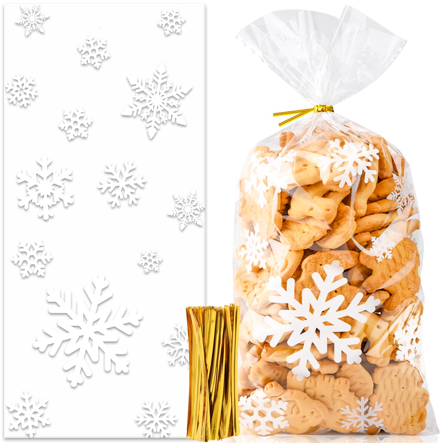 Uuams Plätzchentüten, 100 Stück Kekstüten Weihnachten, Schneeflocke Geschenktüten, Süßigkeiten, Weihnachtstüten zum Befüllen, Cellophantüten Mit Twist Krawatten Weiß, Klar, Gold Bürobedarf & Schreibwaren
