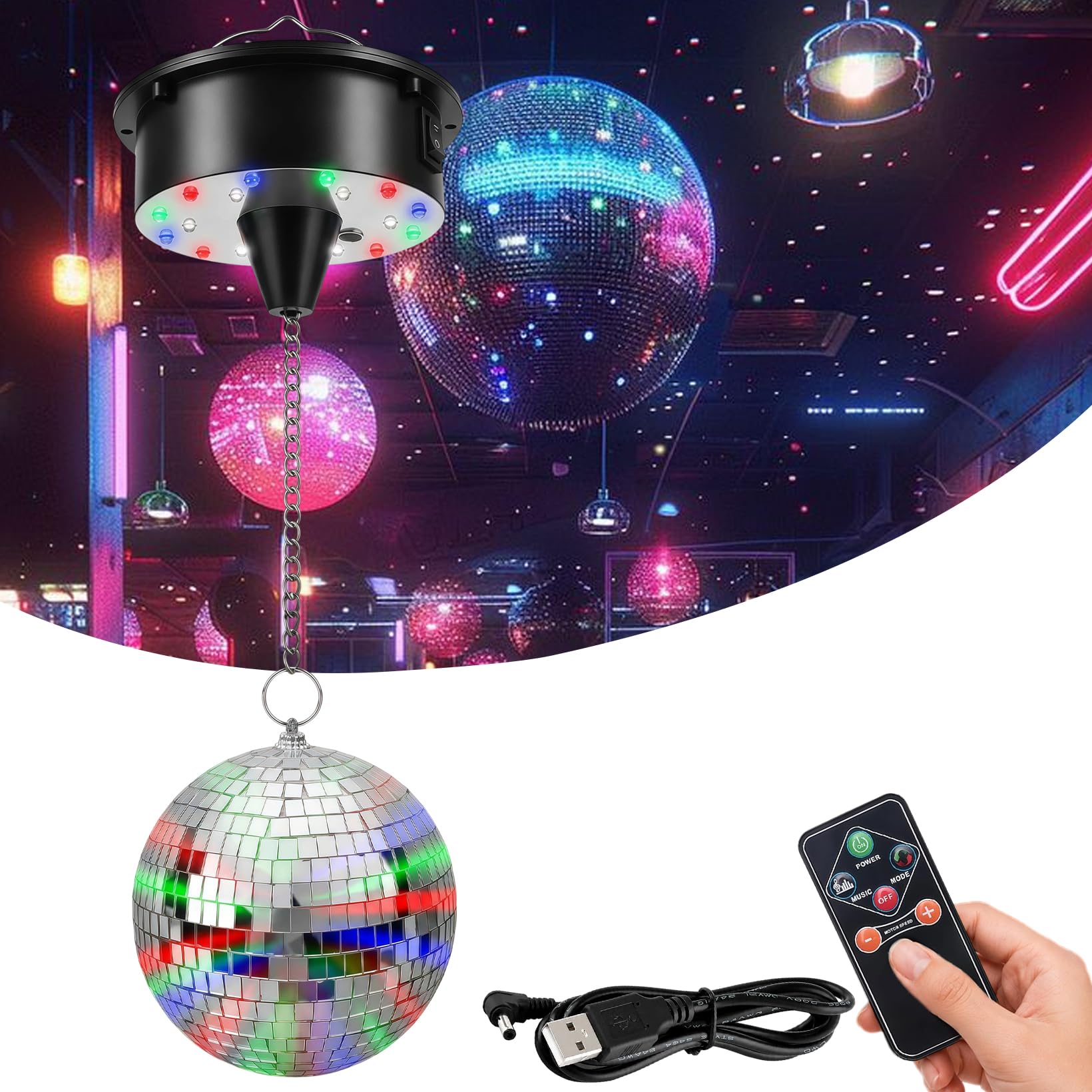 Discokugel mit Motor und Licht, Spiegelkugel mit Rotierender Motor und Fernbedienung mit 6 Tasten, 15cm Discokugel mit 4 Bunten Lichtern-18 LED-Perlen für Party-Dekoration Band Bar