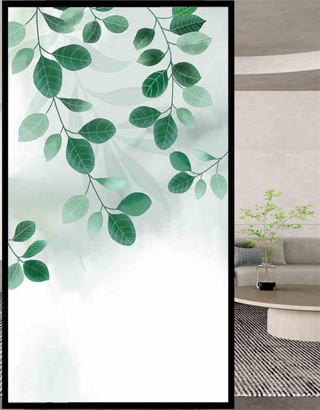 Window Film Privacy Green Leaves Glass Frosted Privacy Film For Glass Windows Static Cling No Glue Window Films Covering Self Adhesive Anti Uv For Office Bathroom Home 50x100cm/1pcs