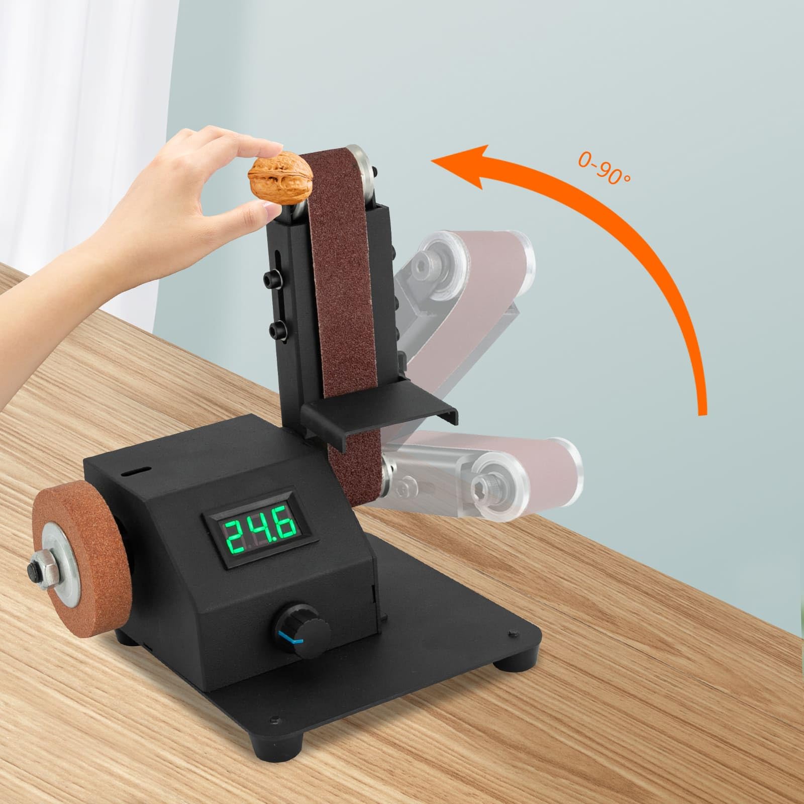Mini-Bandschleifer, 350 W, multifunktional, Geschwindigkeit stufenlos verstellbar, 0 – 8500 U/min, verstellbarer Schleifarm, digitale Anzeige, mit 10 Schleifbändern