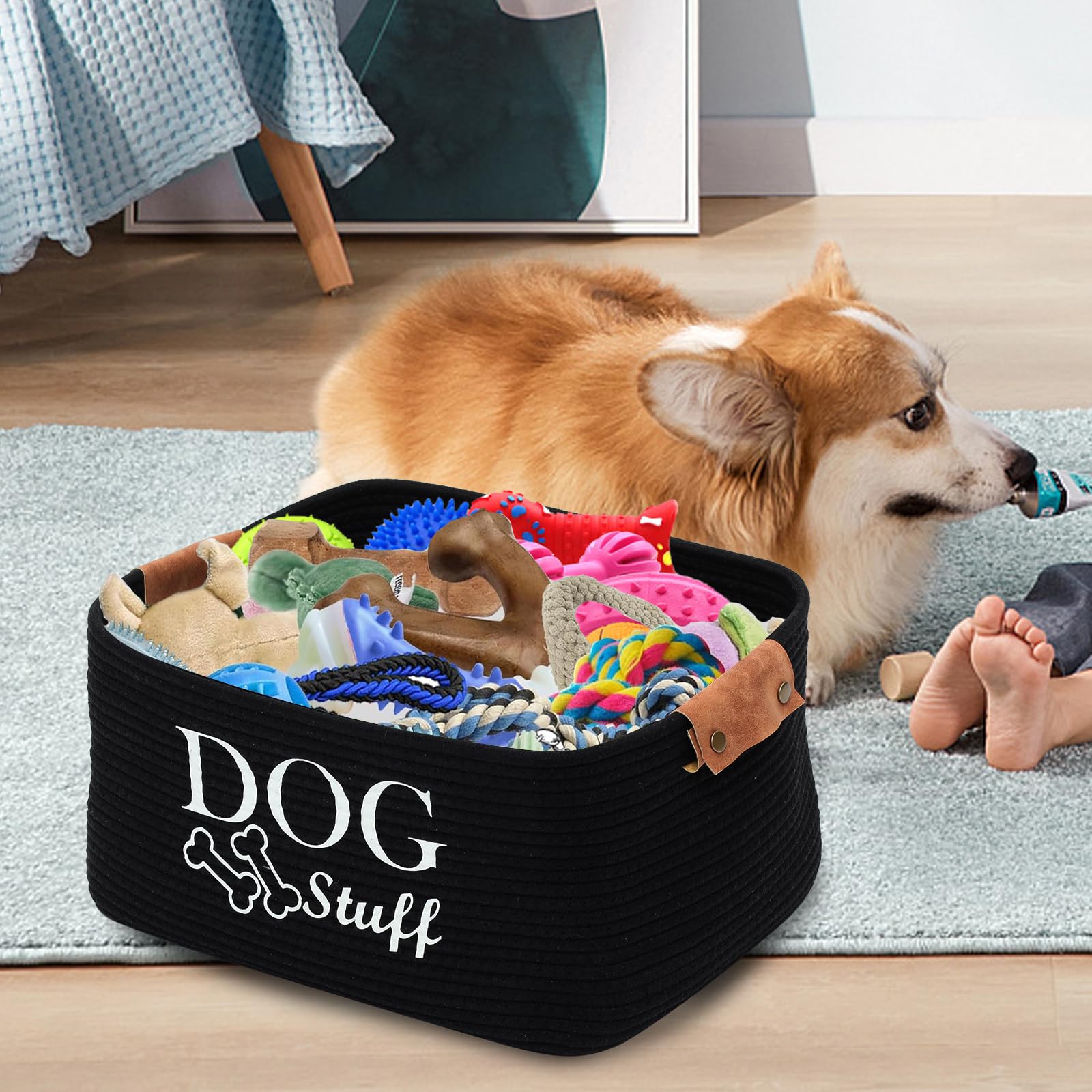 Geyecete-Cestino portaoggetti per giocattoli cani intrecciato in corda di cotone,Con manico in pelle,Portatile Cesto portaoggetti per giocattoli et vestiti/accessori per cane/gatti-Nero