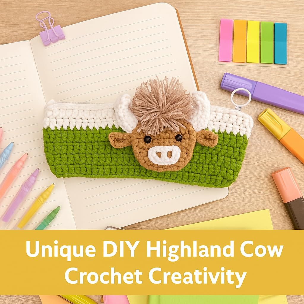 Highland Cow Crochet Kit for Beginners, Learn to Crochet Pencil Bag Starter Set with Video Tutorial & Crocheting Manual, Easy Yarn Knitting Kit for Adult, DIY Amigurumi Birthday Xmas Gift Idea image 2