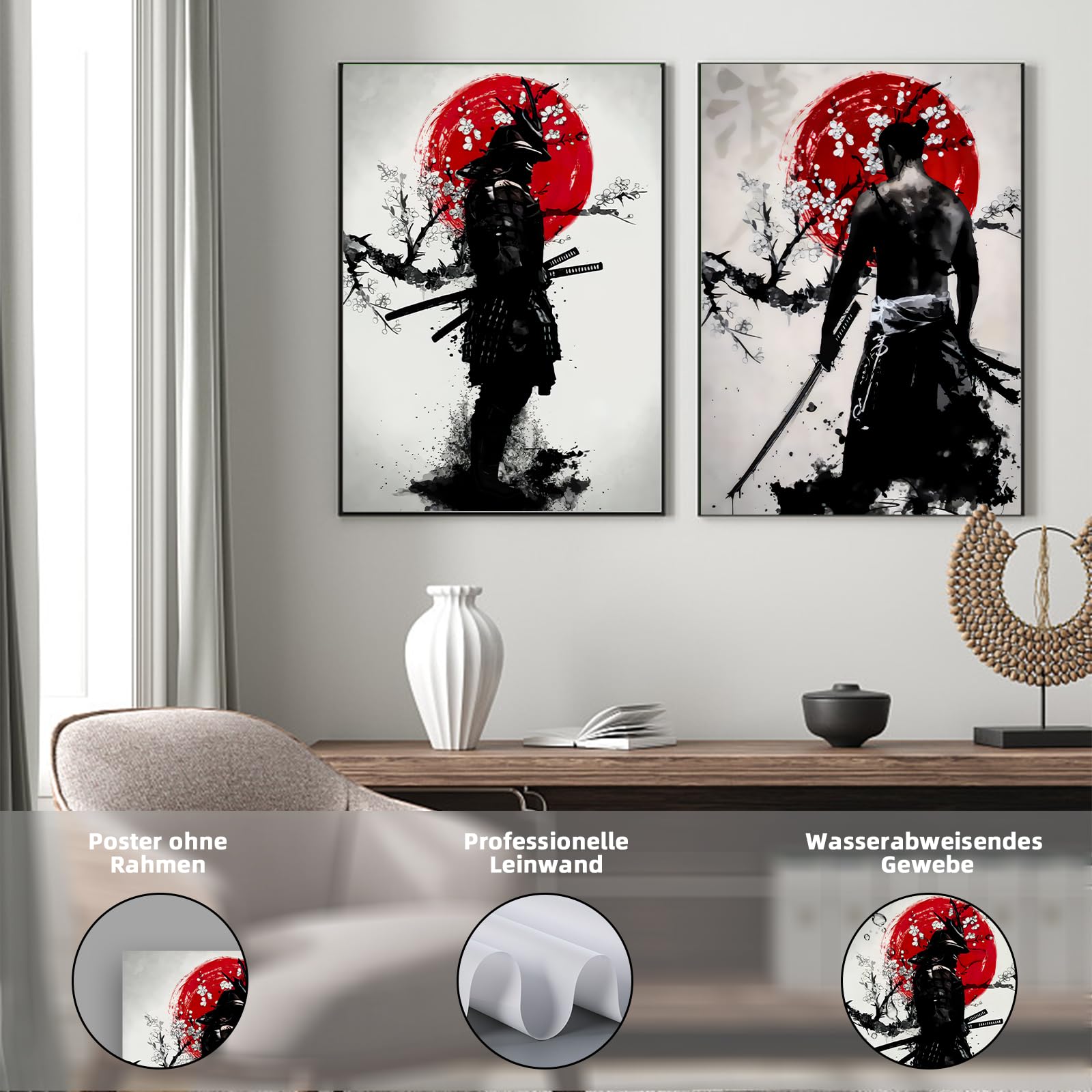 KAIDAARTLH Lot de 3 posters muraux sur le thème des samouraïs 60x90cm, toiles modernes d'inspiration japonaise, décoration pour salon, chambre et bureau, sans cadre(B,2x60x90cm)