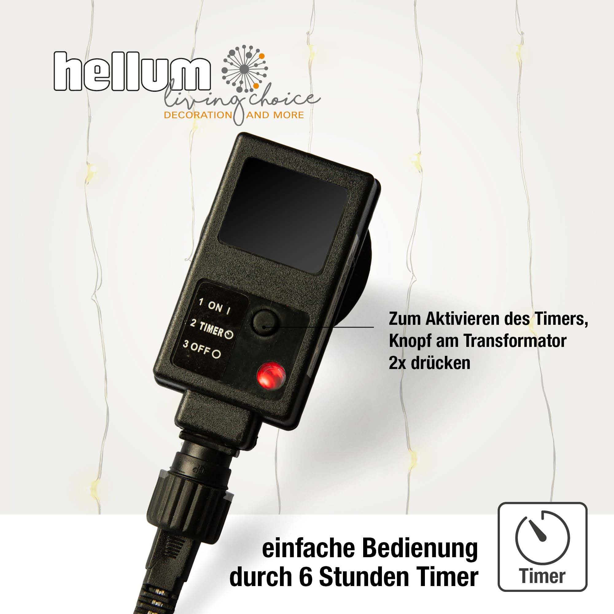 hellum LED Lichtervorhang innen mit 20 Strängen und 300 LEDs in Tauperlenform, beleuchtet 1,90m x 1,50m mit Timer, warmweiß, Lichtervorhang für außen, Weihnachtsbeleuchtung, <59 Lumen 152951