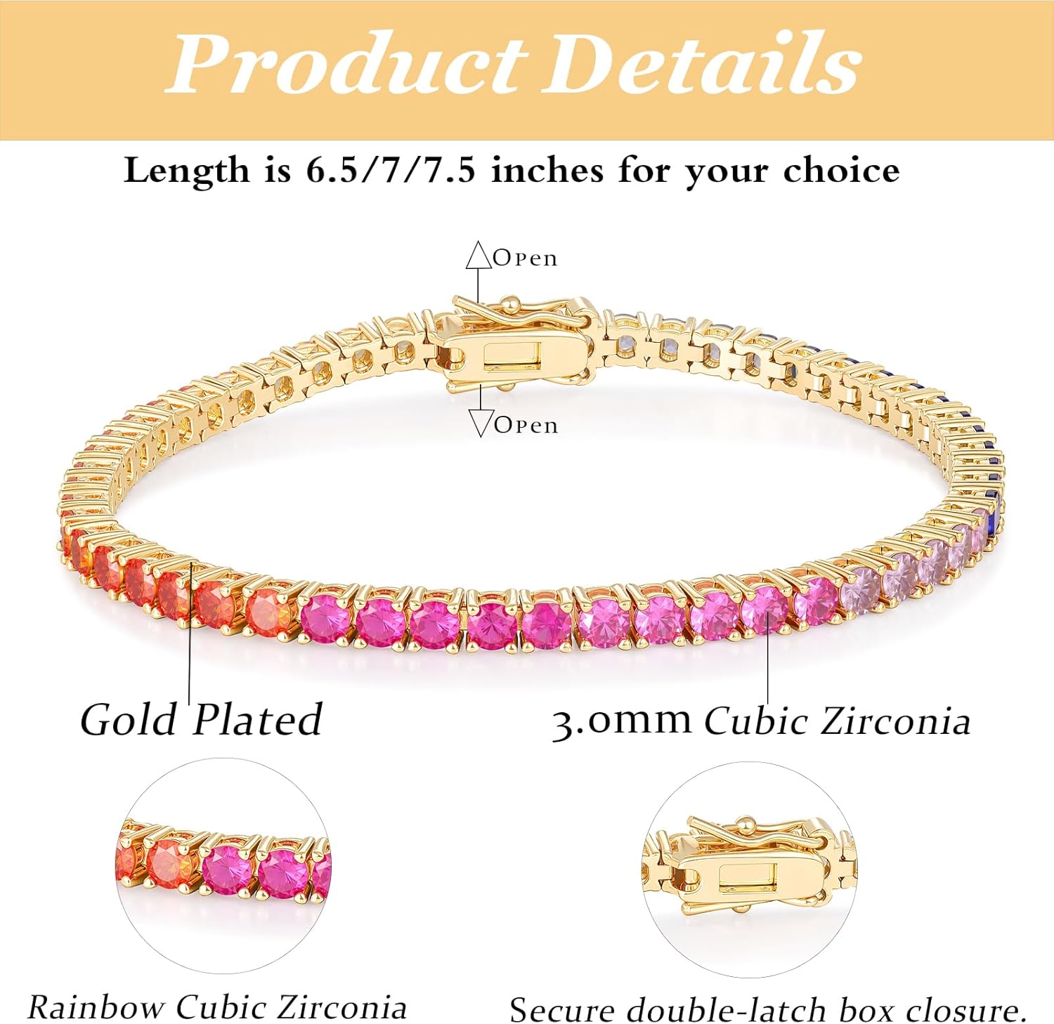 GEMSME 3.0MM Tennis Bracelet for Women-Rainbow Cubic Zirconia Bracelet,14K White/Yellow Gold Plated Colorful Round Cut CZ Tennis Link for Jewelry Gift - Image 2