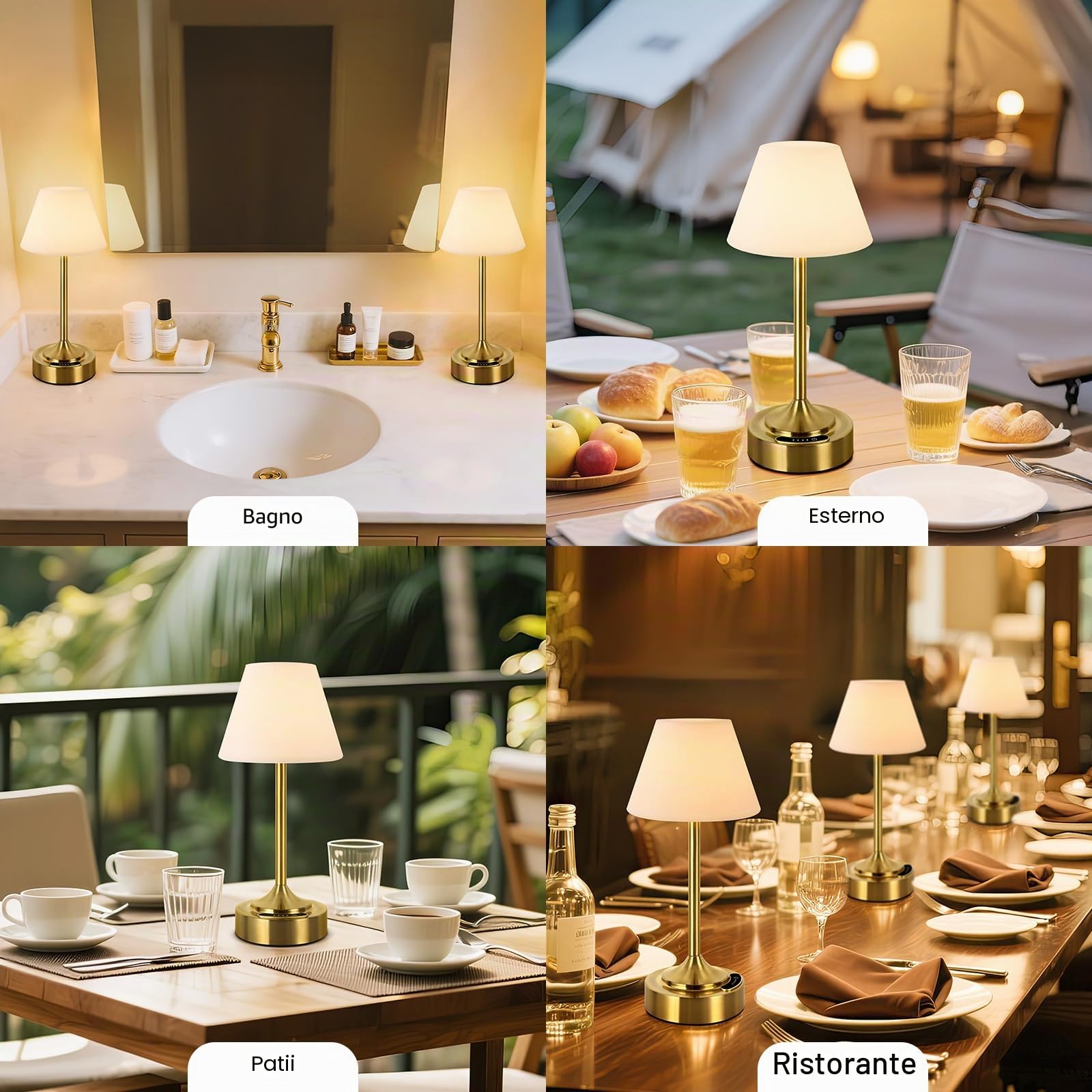 OUTON 2 Pezzi Lampada da Tavolo Ricaricabile e Senza Fili, Oro | Controllo Touch, Ricaricabili, Dimmerabili, USB-C, 3 Temperature, Impermeabile IP54, 53h Autonomia, Camera e Esterno