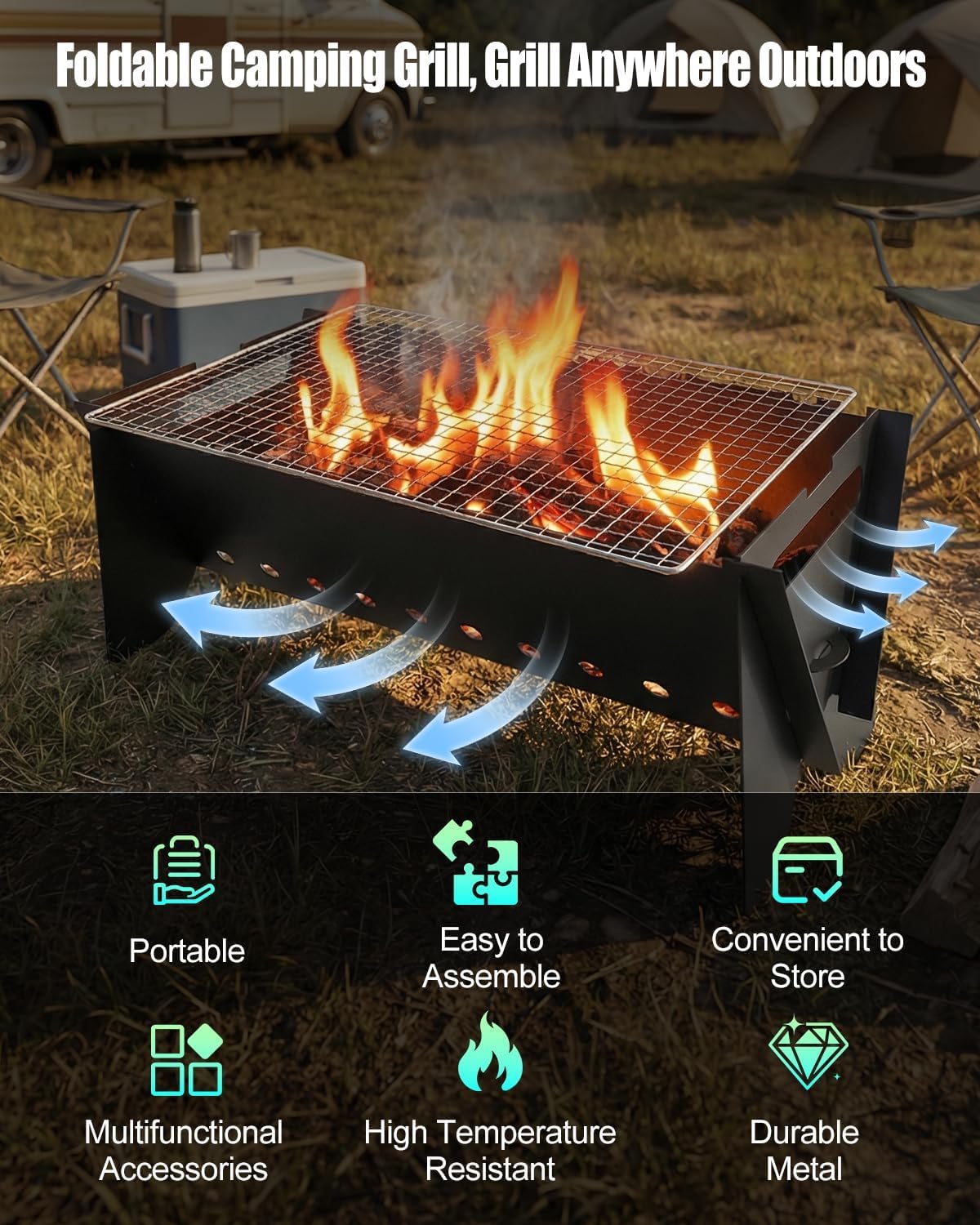 Portable Charcoal Grill, Folding Camping BBQ Grill with Griddle Grill Grate image 2
