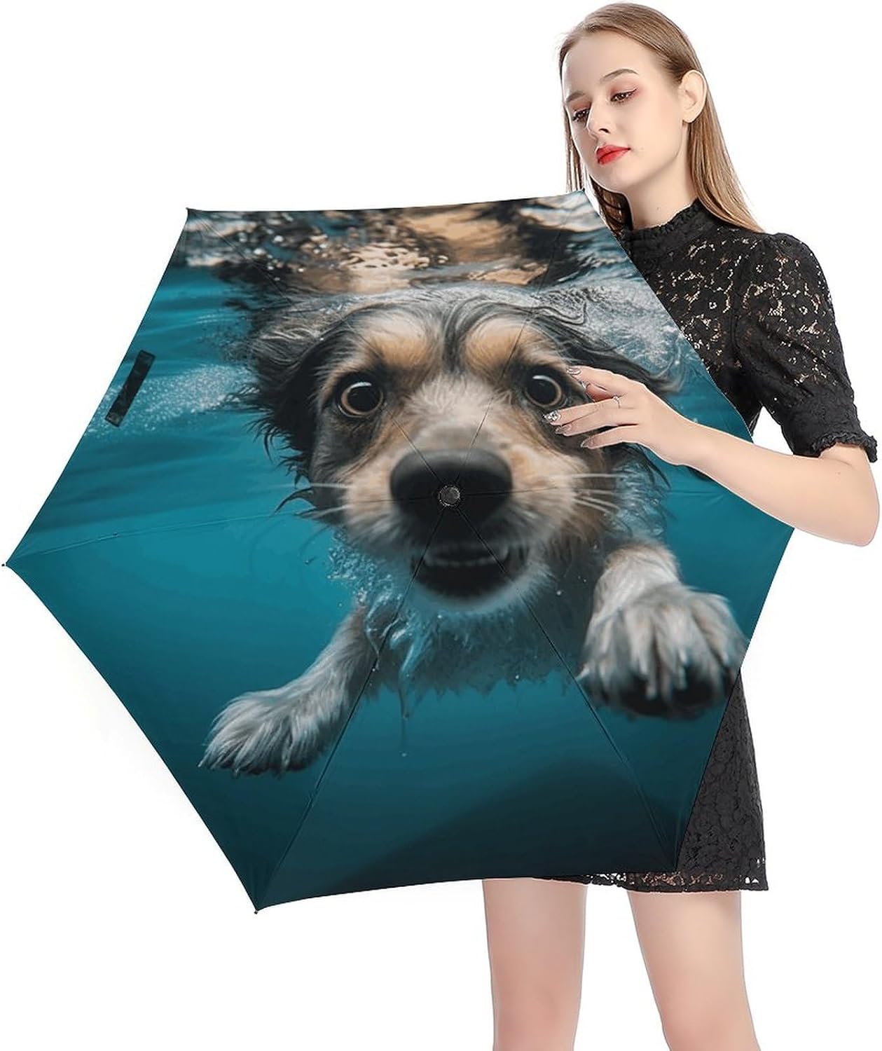 Underwater Dog Printed Exterior 5 Fold Umbrella,Windproof Travel Umbrella for Sun Protection, Small Portable,Compact Umbrellas for Travel, Purse Or Backpack