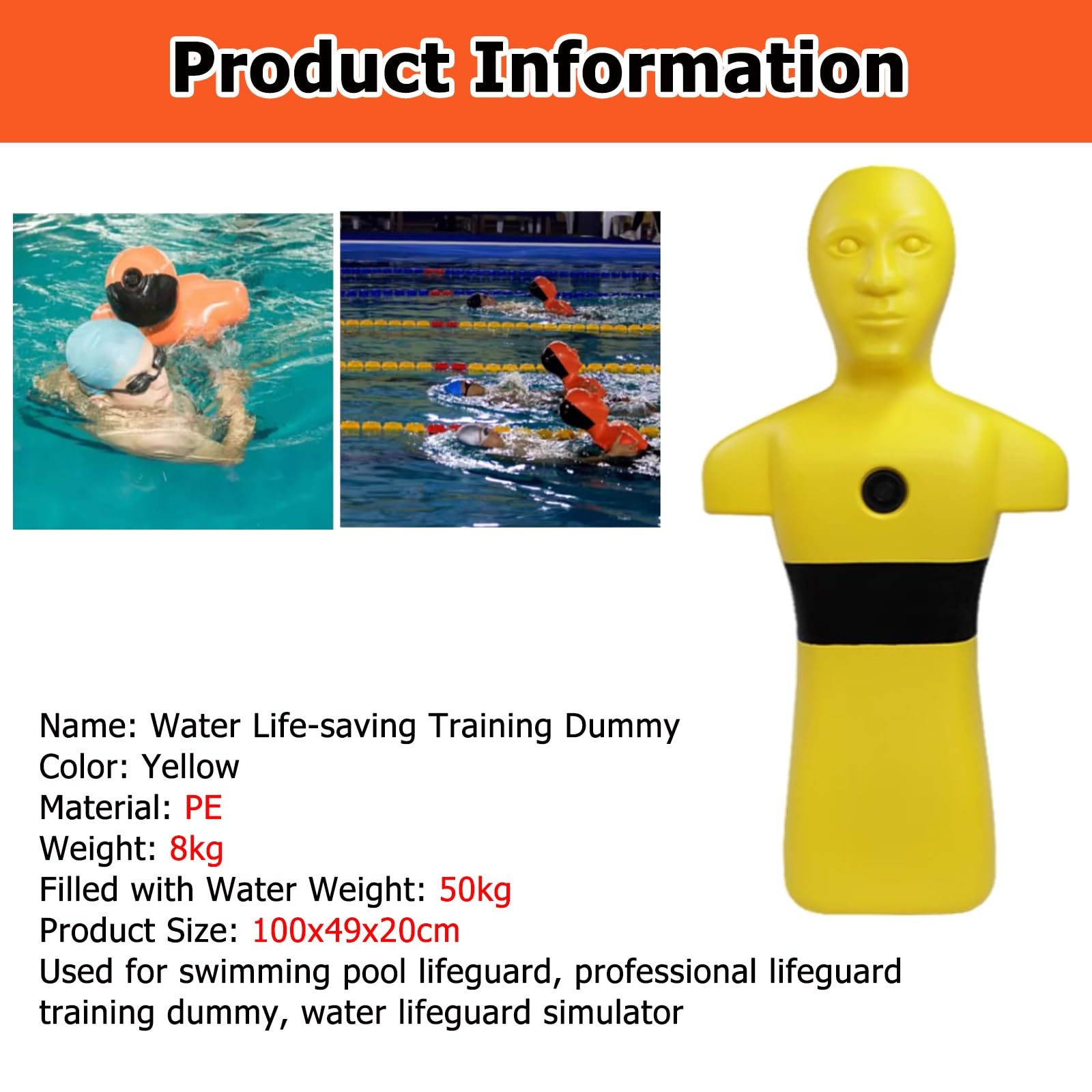 MZZKFC Pool Water Rescue Training Dummy, Orange Yellow Drowning Prevention Teaching Tools, 100cm Fire Training Drill Dummys 2 Pack for School/Community/Sports Stadiums(Yellow,1 Pack)