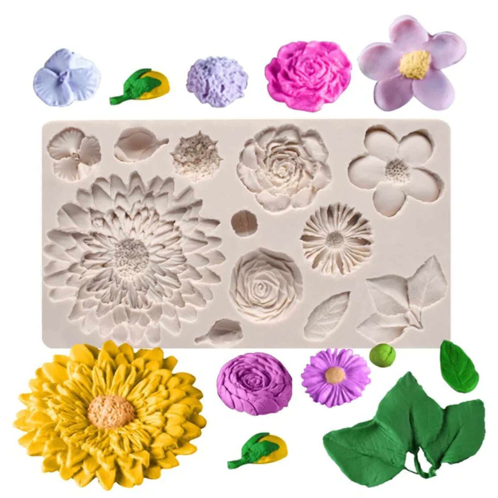 Molde de silicona para hacer fondant, 20,3 x 11,6 x 1,5 cm, molde de resina de silicona, hermoso crisantemo, flor de boda, decoración de pasteles, hojas, hornear, fondant, chocolate, caramelos
