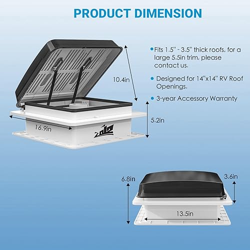 Miniatura 7 de Ventilador de techo para RV de 14" silencioso con motor de menor ruido, ventilación permanente de nivel de soporte reversible Max Air para techo de