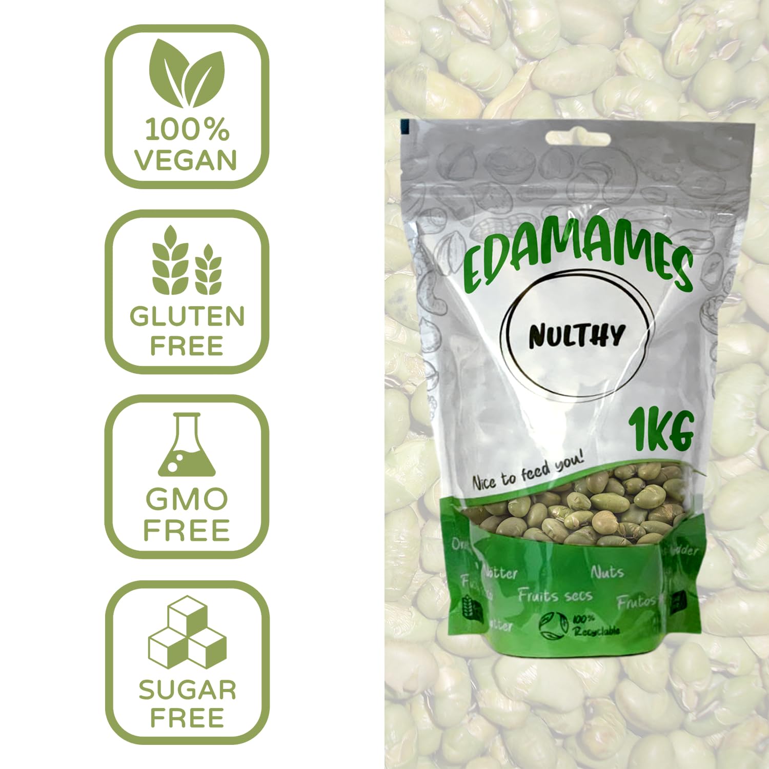 NULTHY - 1Kg Edamame Tostado - Feves Grillées, Salées, Snack Sain et Riche en Protéines, Edamame Croquant, Graine de Soja, Fèves, Idéal pour Collations & Apéritifs, Faible en Calories