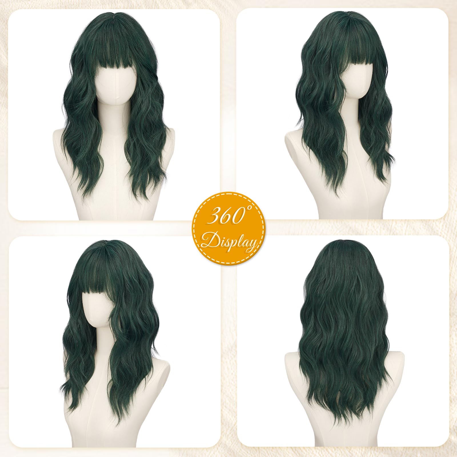 RUWISS Peluca Verde Apagado Ondulada con Flequillo para Mujer, 50 cm Shoulderlongitud Peluca de pelo Sintético en Capas Pelucas con Volumen Natural para Diario y Fiesta — view 6