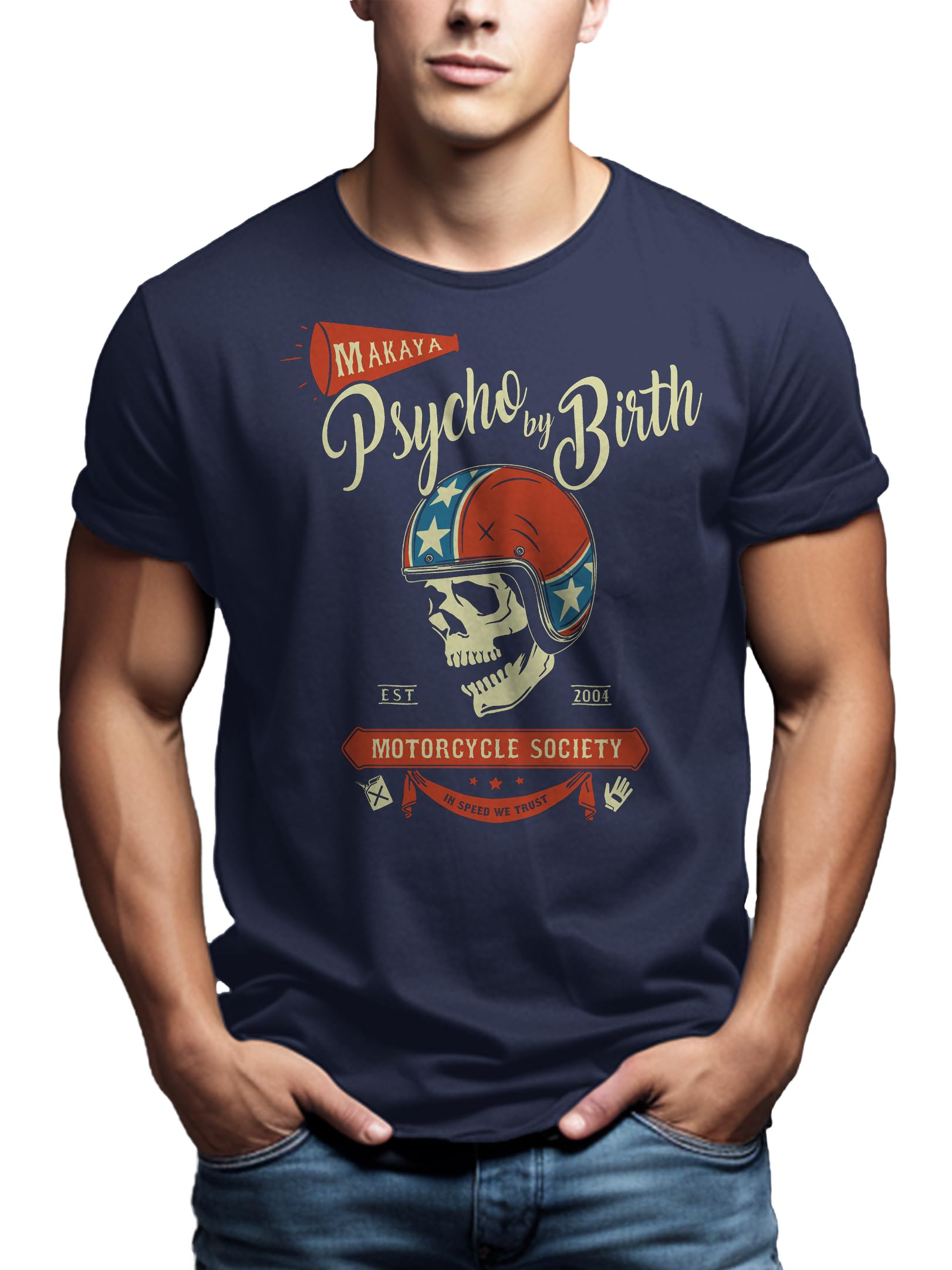 MAKAYA Camisetas Motorcycle Hombre - Psycho by Birth - T-Shirt Skull Calavera con Casco Moto Jet