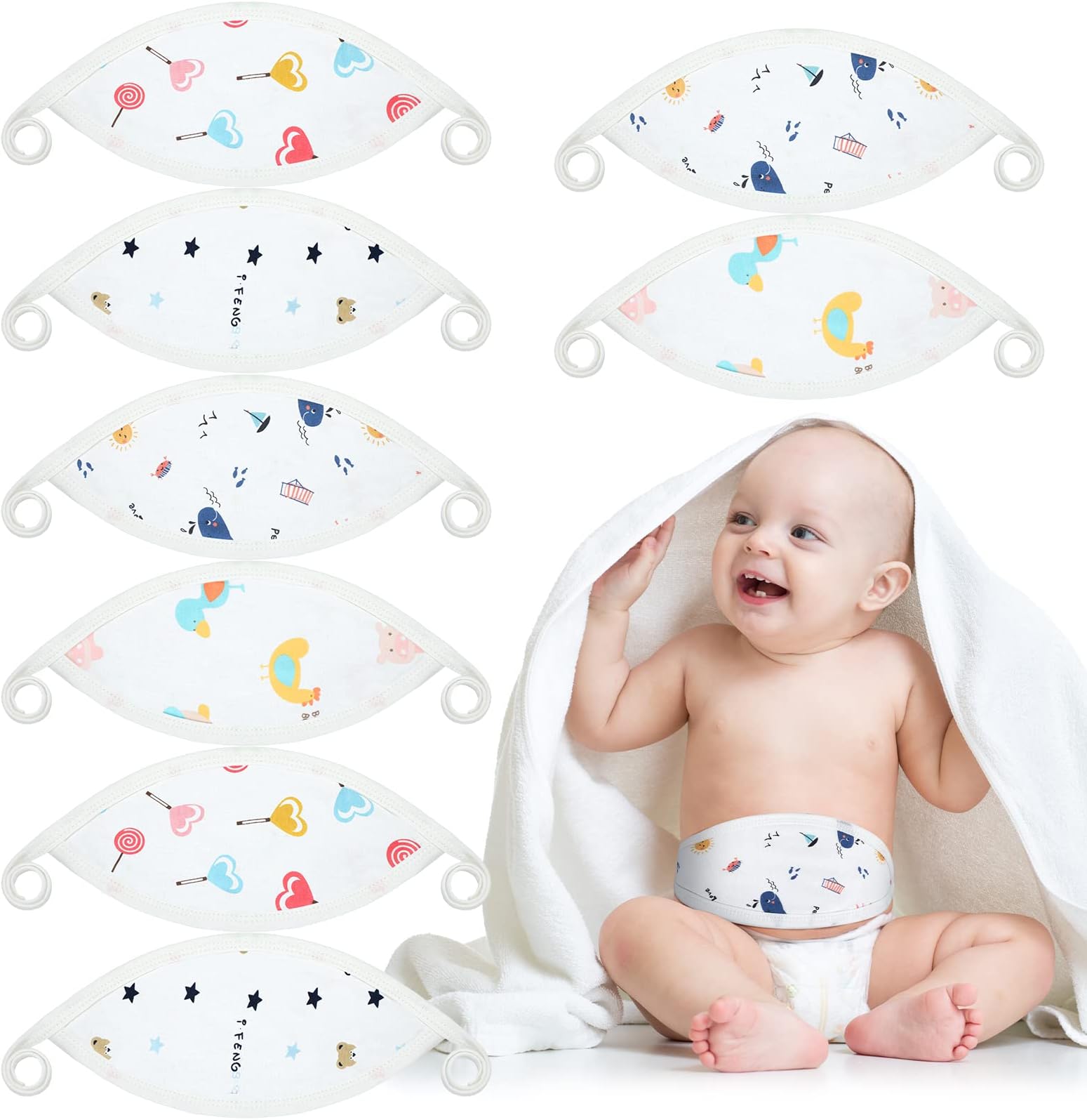 8 Pcs Newborn Infant Belly Wrap Comfort Cotton Umbilical Cord Cover Band Cartoon Soft Baby Belly Band Newborn Navel Belt for Protection Abdomen Baby Boy Girl Gifts 0-12 Months, 4 Styles (Cute)