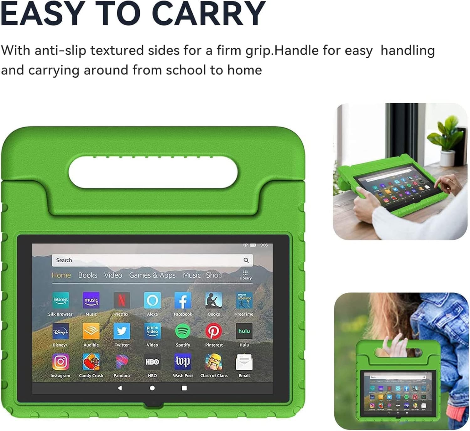 Kids Case for Kindle Fire HD 8 & HD 8 Plus Tablet（2024/2022/2020 Release,Lightweight Shockproof Handle Stand Case Cover for Fire HD 8 & HD 8 Plus(12th/10th Generation), Green