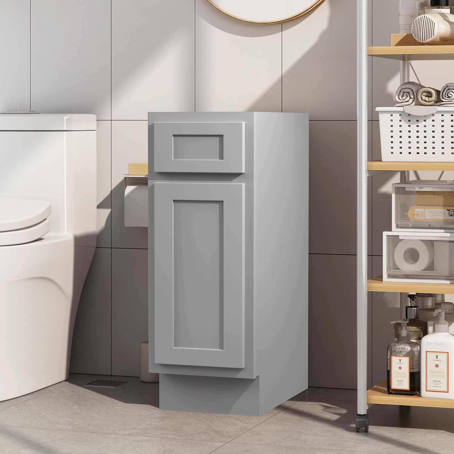 Vanity Art 12 Inch Small Bathroom Vanity Cabinet with Soft Closing Drawer and Door, Single Door Right Offset Shaker Design Floor Mount Side Bathroom Organizers and Storage, VA4012-1G