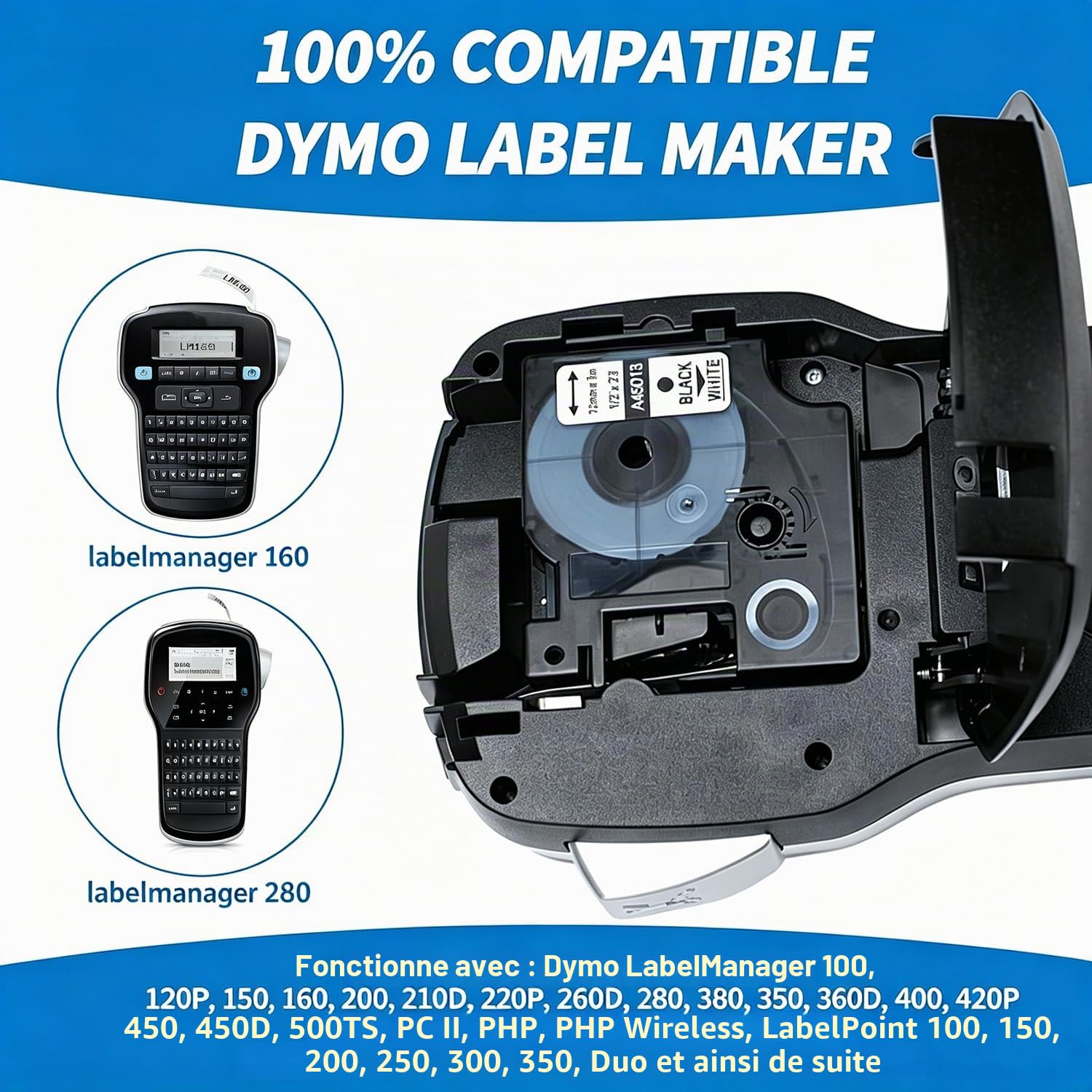 5x Wonfoucs Ruban pour Étiqueteuse Compatible avec Dymo D1 45013 S0720530 | pour D1 Recharge Cartouche Etiqueteuse pour Dymo LabelManager 160 200 210D 280 360D 420P 450D, 12mm x 7m Noir sur Blanc