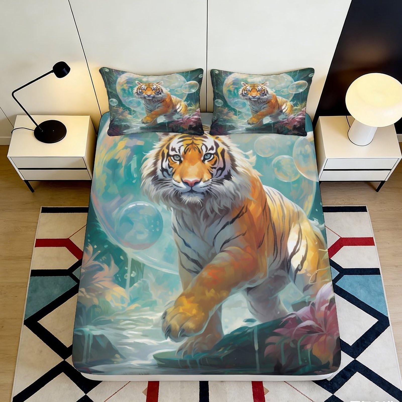 Jqzkxnhpbr Style-1 3D Printed Tiger Jungle Fitted Sheet Microfiber Soft Breathable Wild Forest Bed Cover For Bedroom Guest Room Decor 90X200x25cm