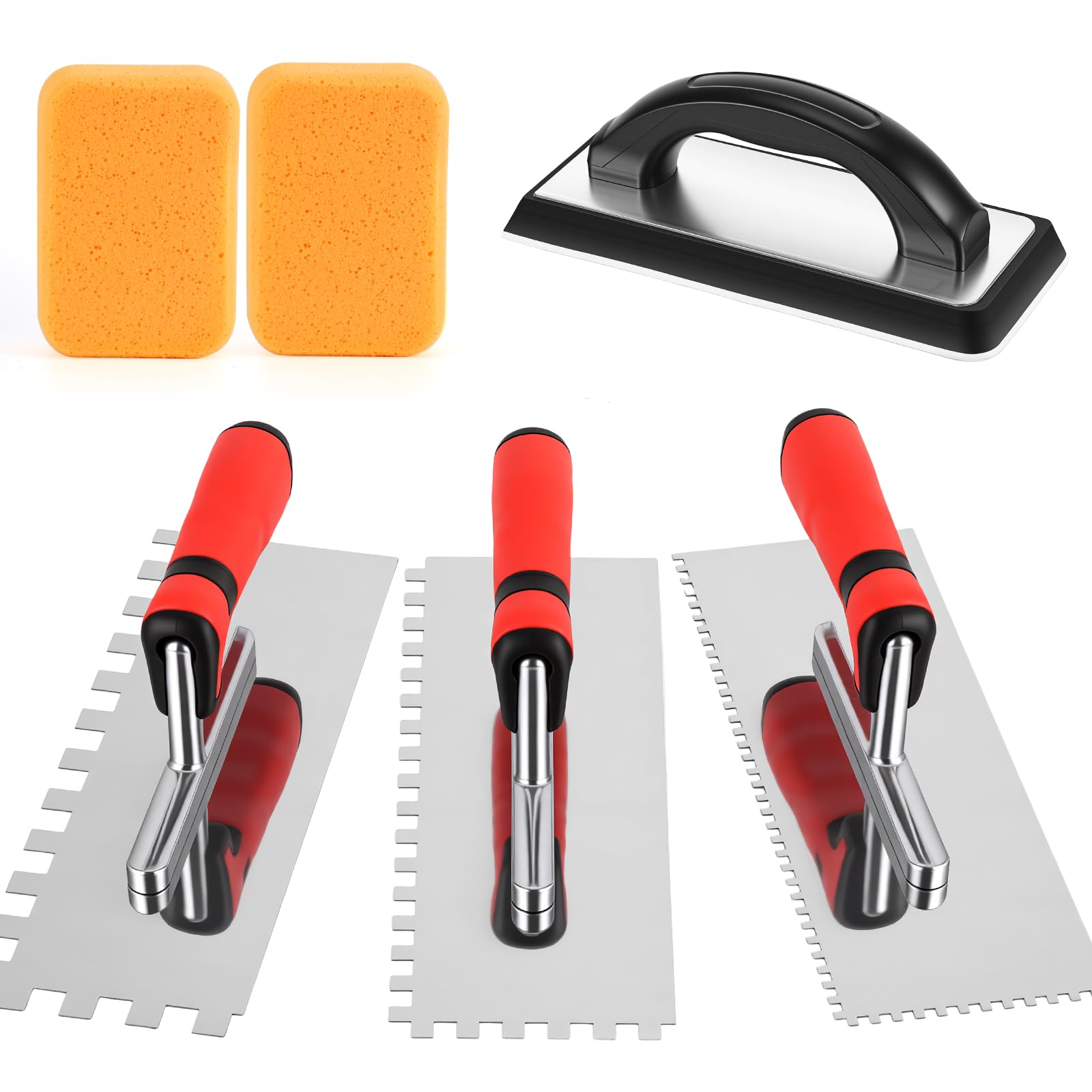 6-Piece Tiling Trowel Set, Stainless Steel Square Notched Trowel with Grout Sponge & Grout Float, Masonry Plastering Tools for Concrete Cement Wall Floor Tile Installation(Notch Size: 4mm & 8mm & 12mm