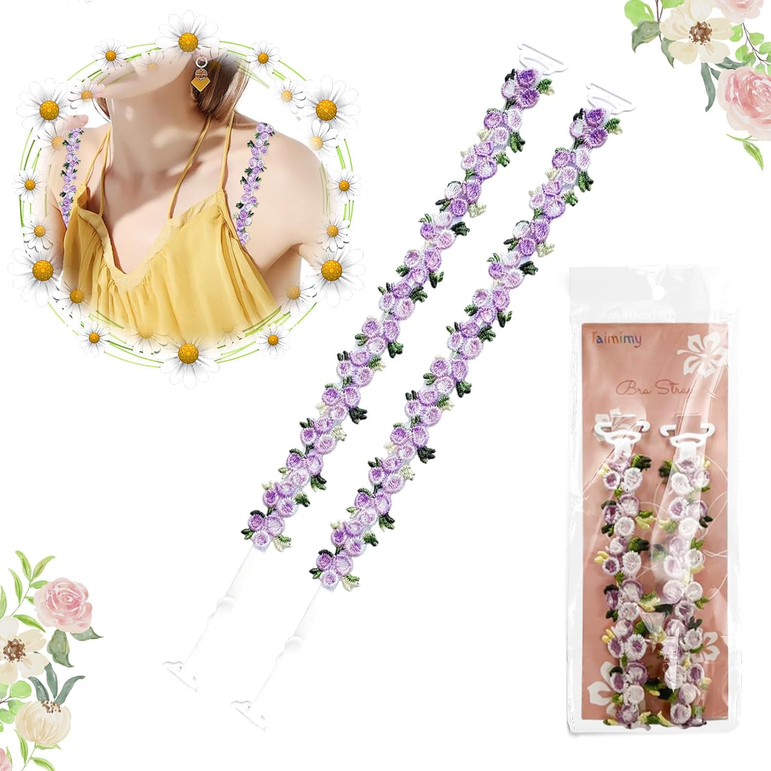 Floral Bra Straps,Women's Convertible Bra Straps,Removable Decorative Bra Straps,Adjustable Elastic Underwear Shoulder Strap image 3
