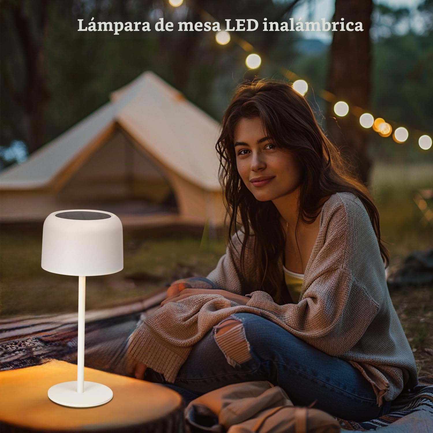 Aigostar Lámpara de Mesa Inalámbrica Recargable Solar y USB, Lámpara de Escritorio Táctil Regulable, Lámpara de Noche IP54 Impermeable para Interior y Exterior, Dormitorio, Restaurante - Blanco