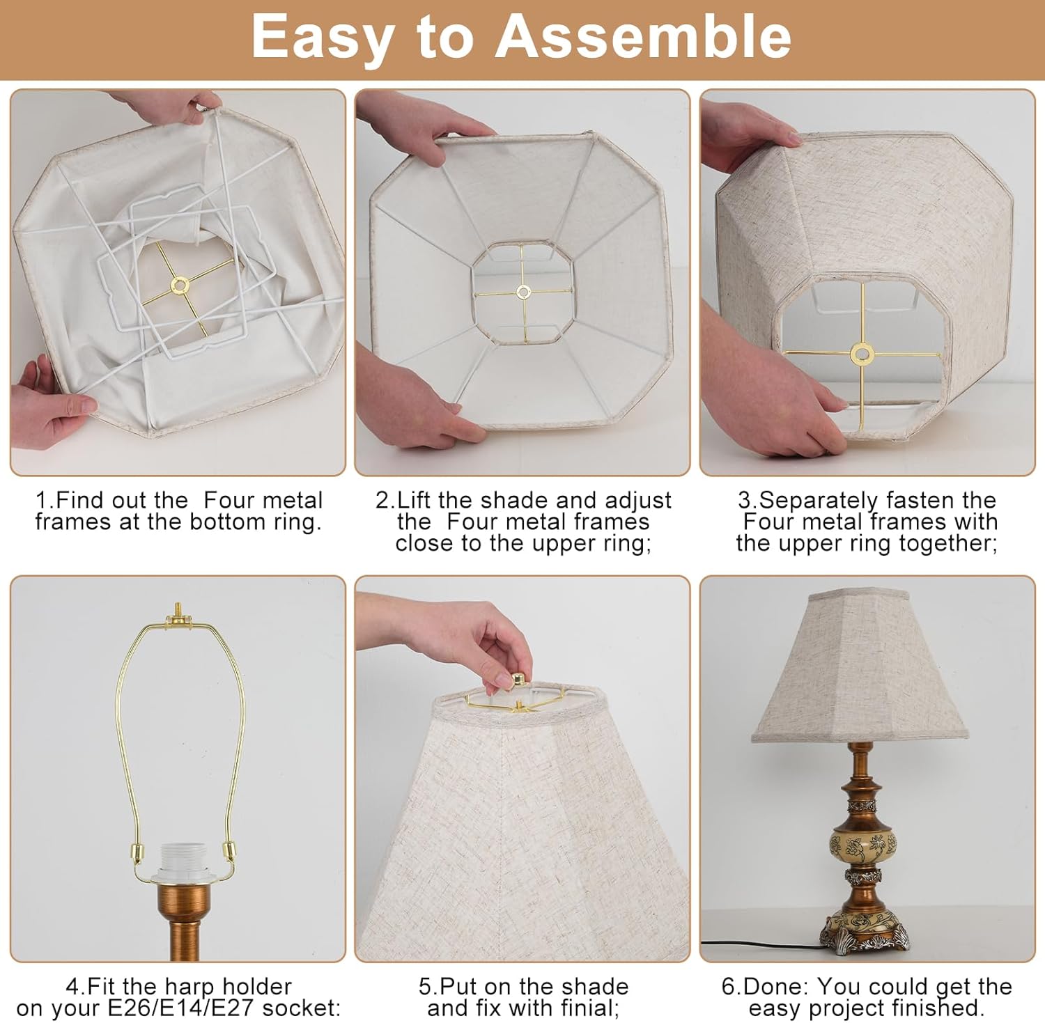 Rectangular Lamp Shade Set with 2 Lamp Harps – 2-Pack Oatmeal Linen Shades with Metal Frame, 6"x13"x10", Spider Fitter for E26/E14 Table, Floor, and Pendant Lamps