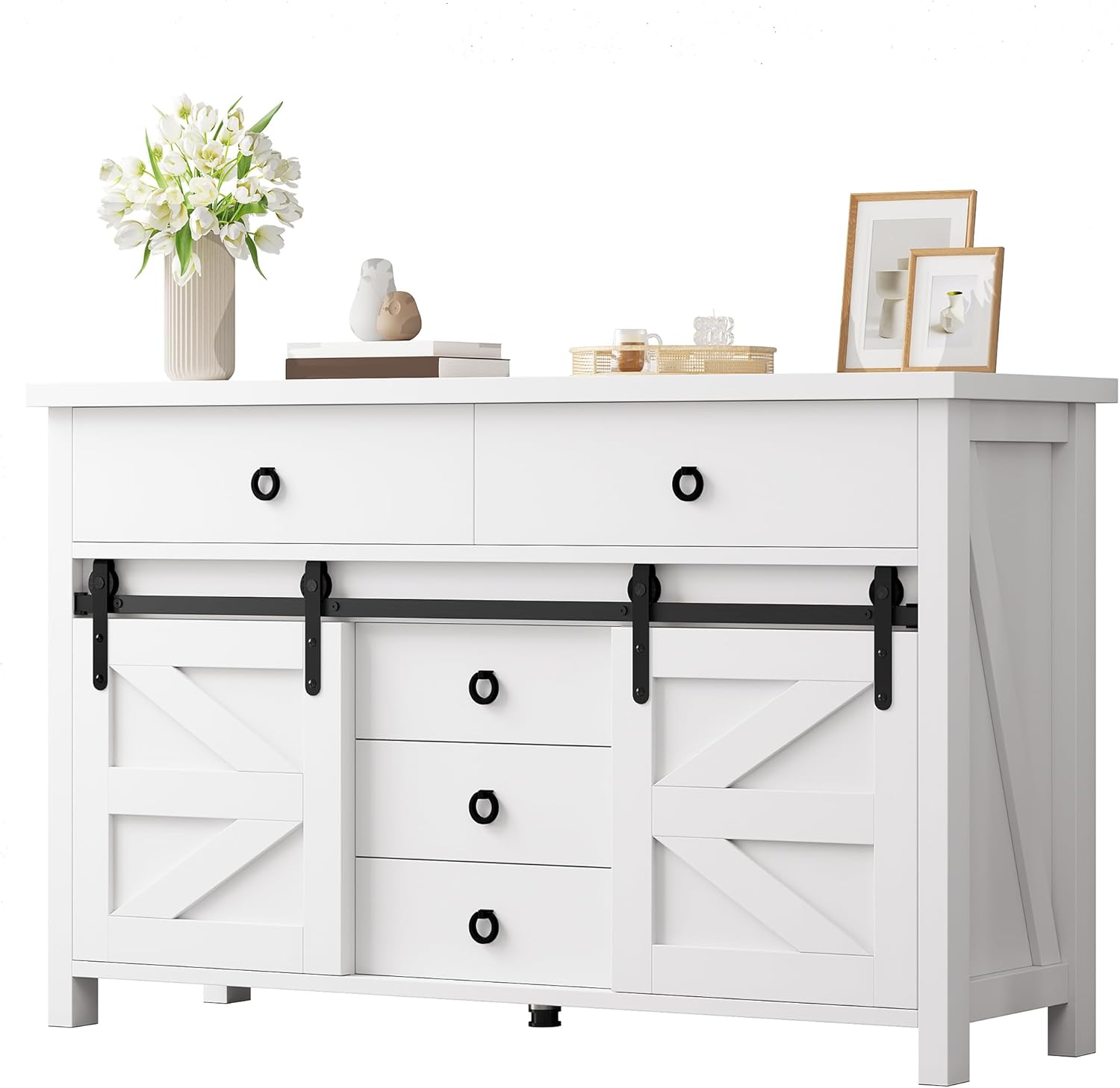 yitahome 54" farmhouse dresser for bedroom, large modern chest of drawers, wood rustic dresser tv stand with 5 drawers & 2 sliding barn doors for living dining room, entryway, hallway, white antique white