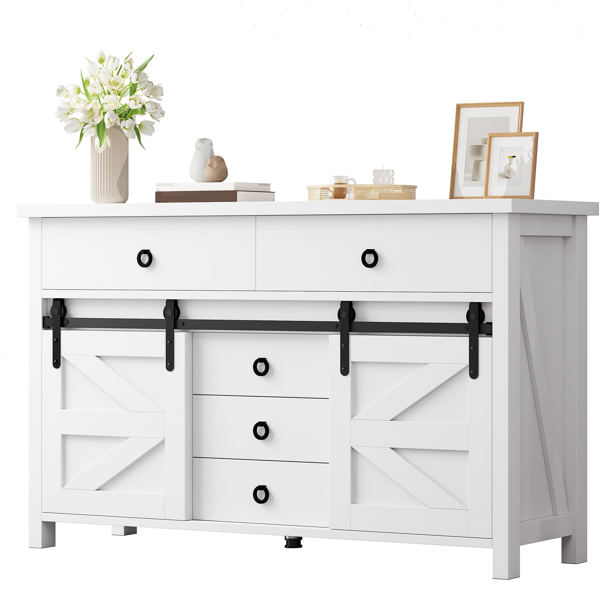 YITAHOME 54" Farmhouse Dresser, Large Modern Chest of Drawers, Wood Rustic Dresser TV Stand with 5 Drawers & 2 Sliding Barn Doors for Dining Room, Entryway, Hallway, White